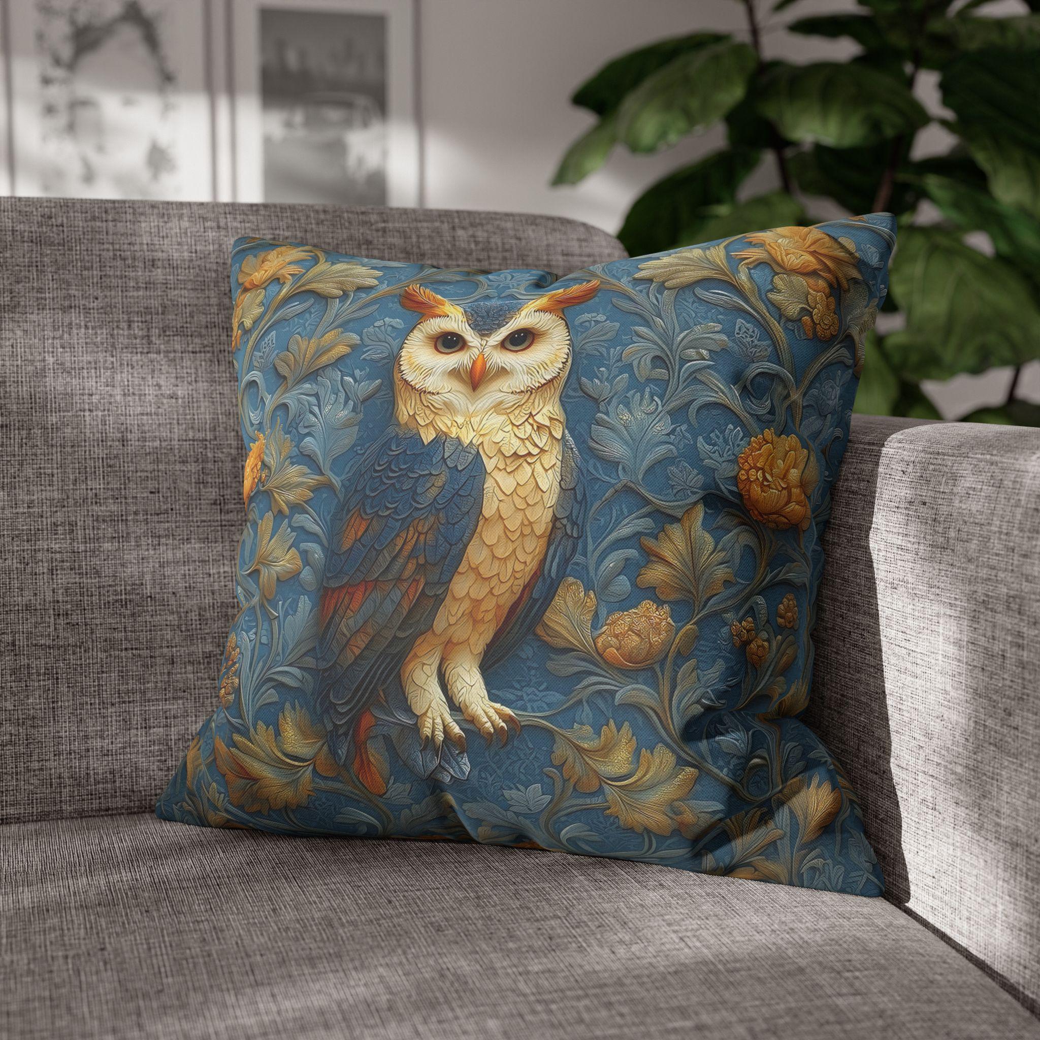 William Morris Style Throw Pillow Cover: Blue and Gold Owl Design