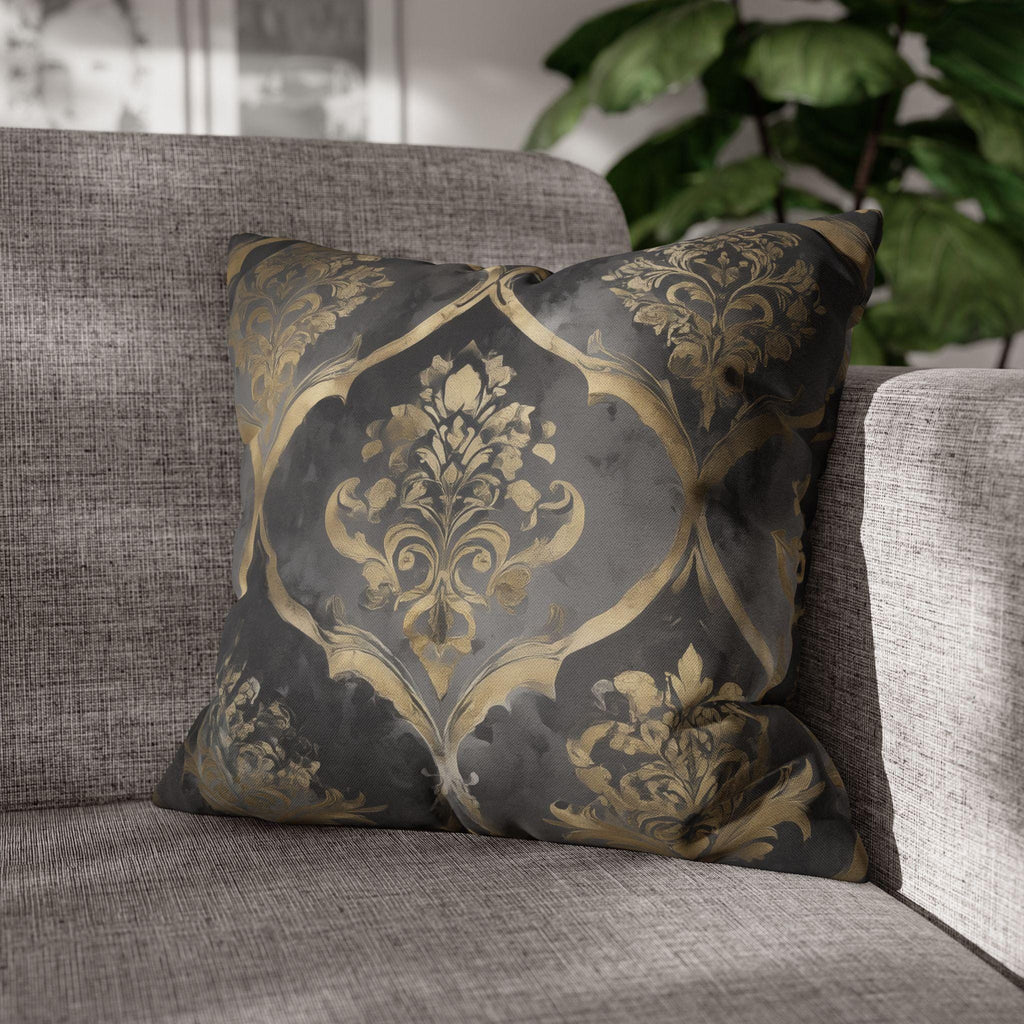 Luxurious Reversible Gold Damask Pillow Cover: Charcoal Gray Decorative Cushion for Elegant Home Decor