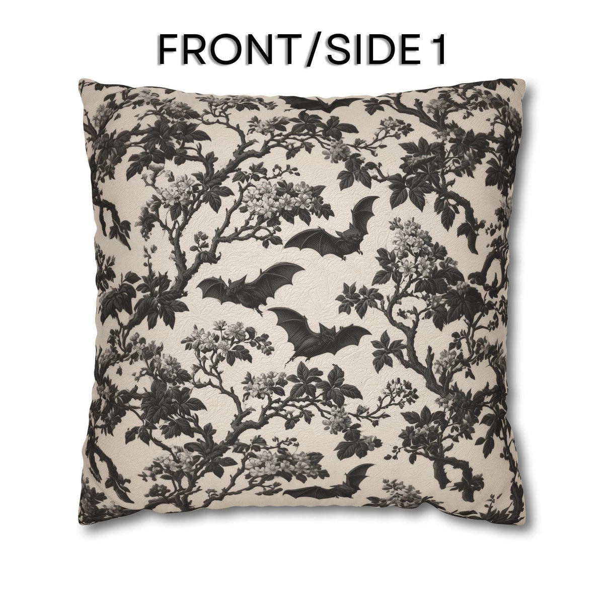 Chinoiserie Five Bats Pillow Cover: Black and Cream Halloween Floral