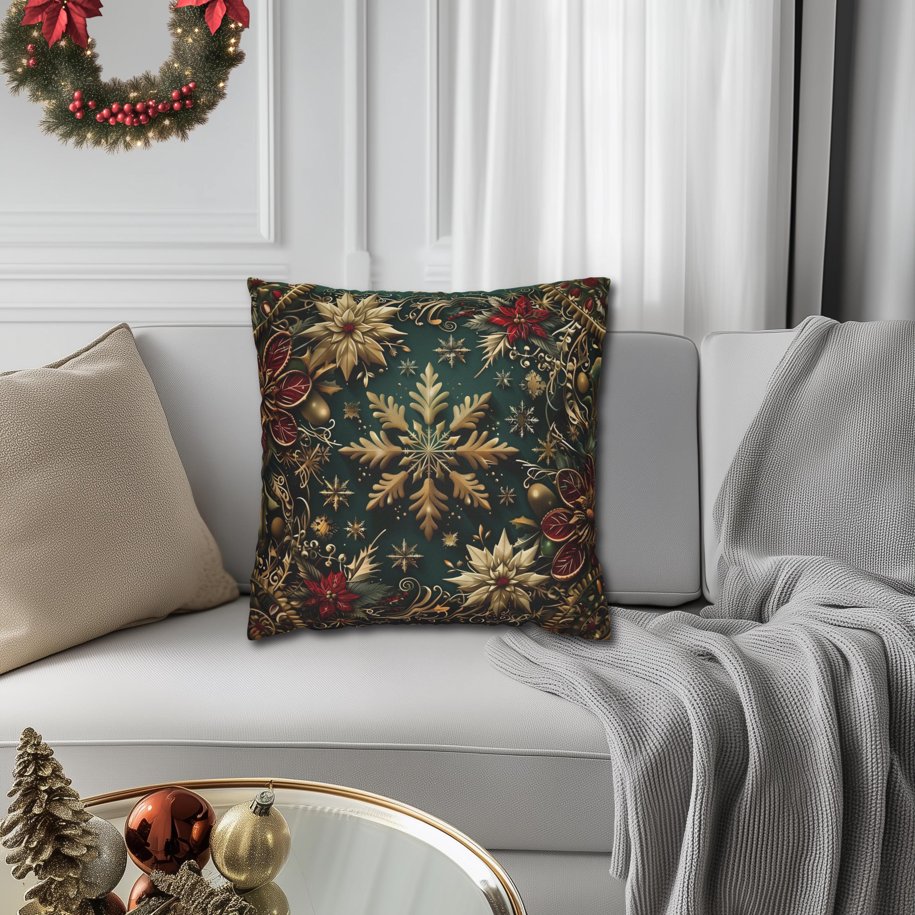 Victorian Snowflake Pillow Cover: Gold & Green with Red Poinsettias for Holiday Decor