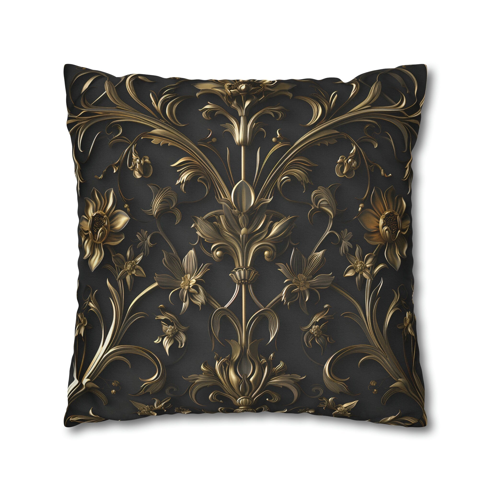 Luxurious Italian Baroque Pillow Cover: Golden Floral on Charcoal for Elegant Home Decor