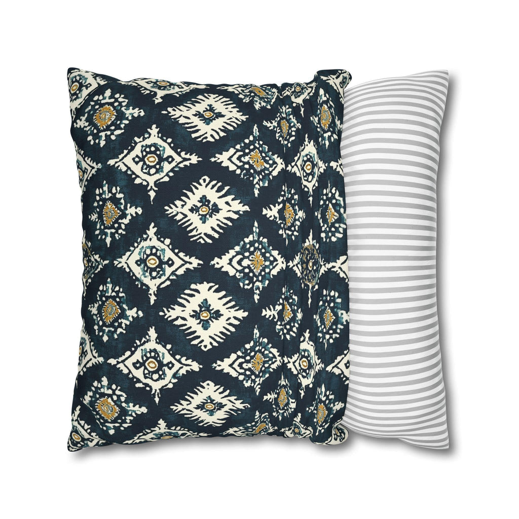 Traditional Ikat Style Pillow Cover | Dark Blue, White, Mustard Yellow | Geometric Design