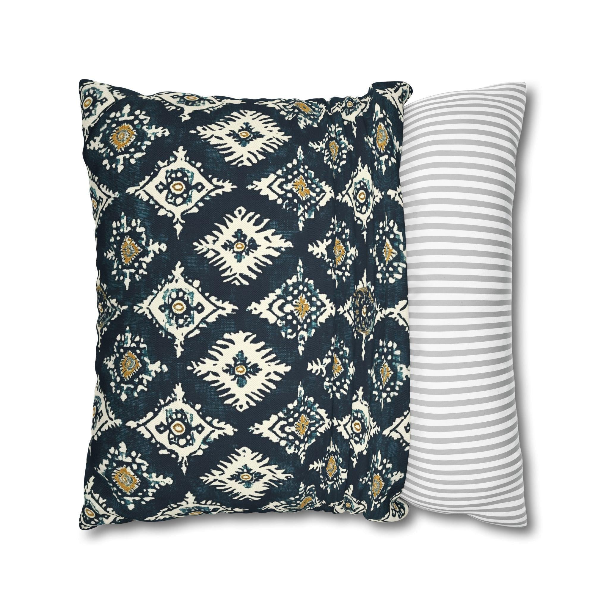 Traditional Ikat Style Pillow Cover | Dark Blue, White, Mustard Yellow | Geometric Design