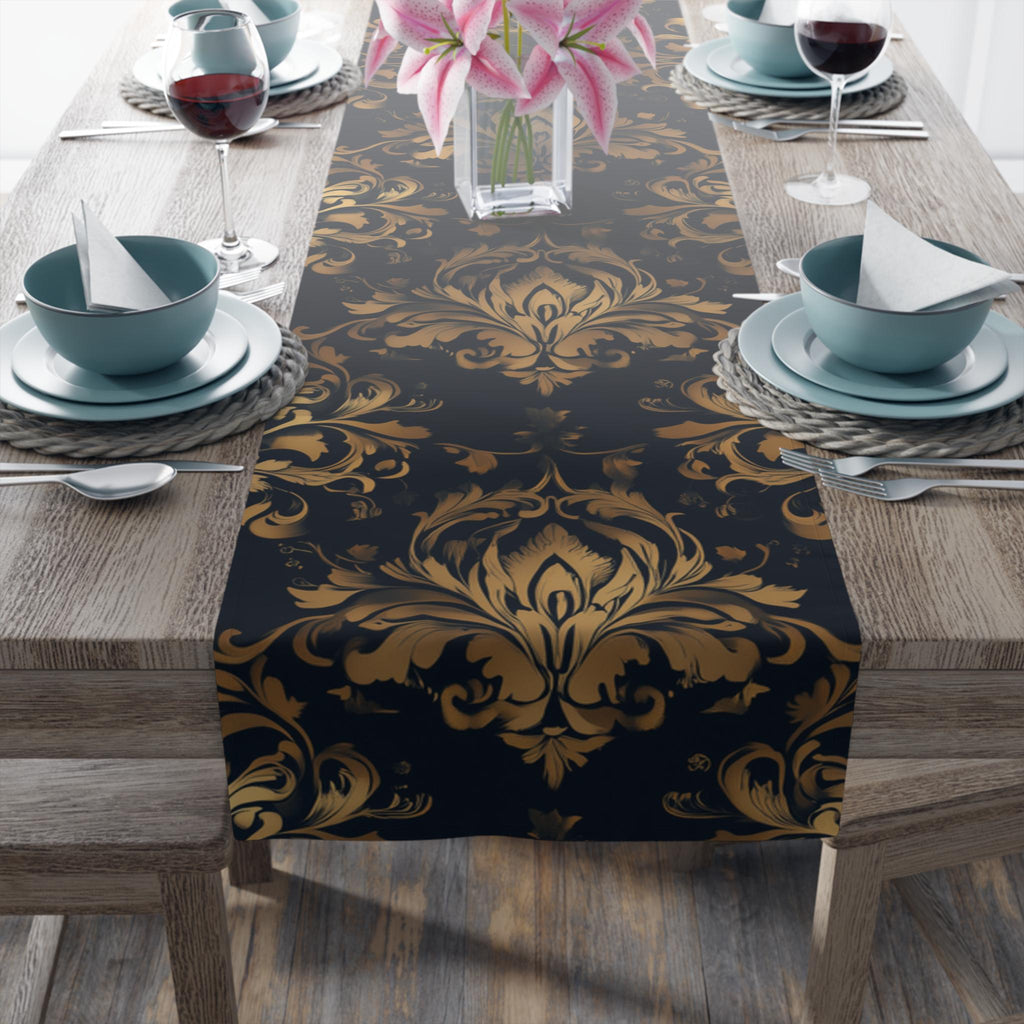 Navy and Gold Damask Table Runner: Elegant Medallion Print Dining Decor