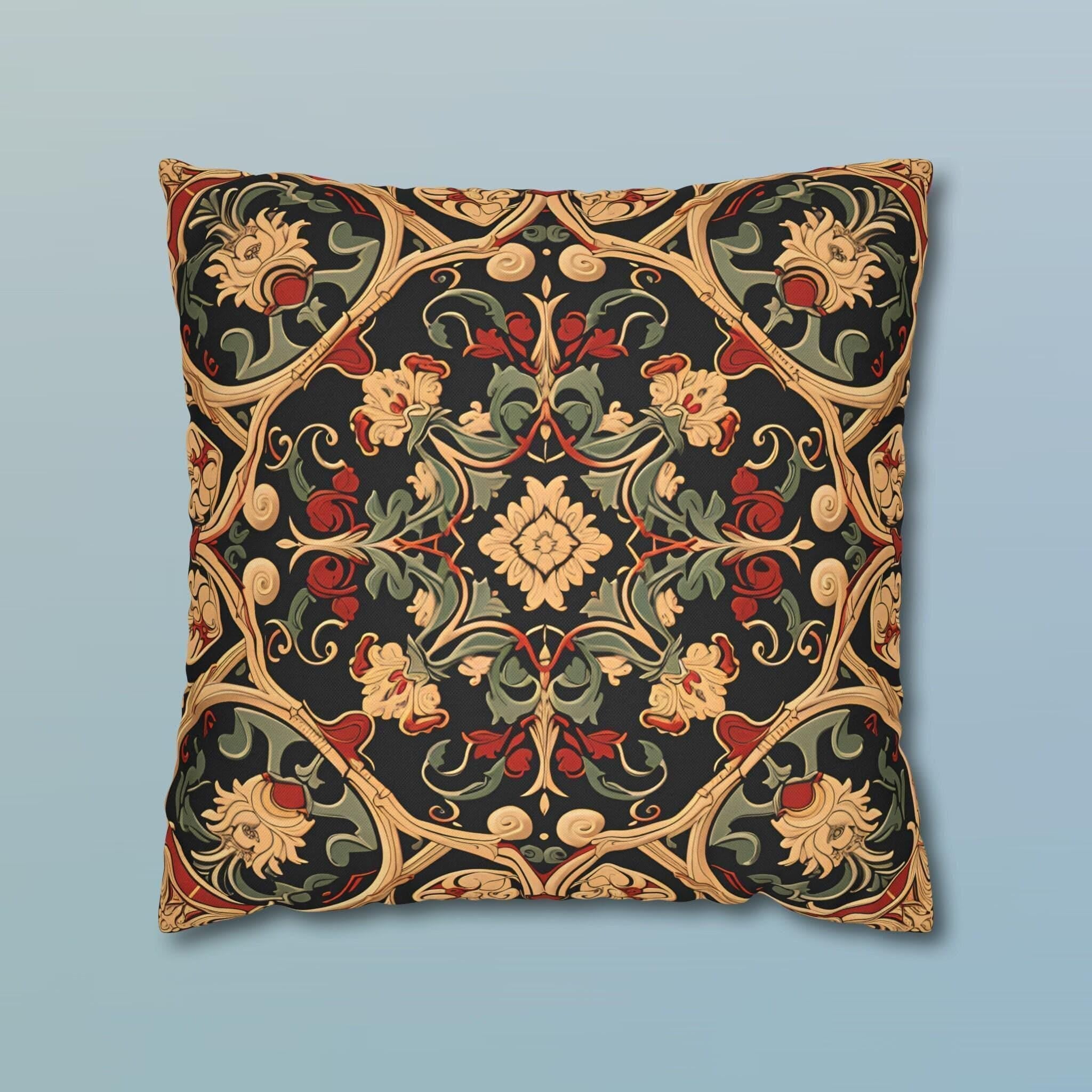 Renaissance Floral Pillow Cover: Red, Green & Gold on Dark Ground