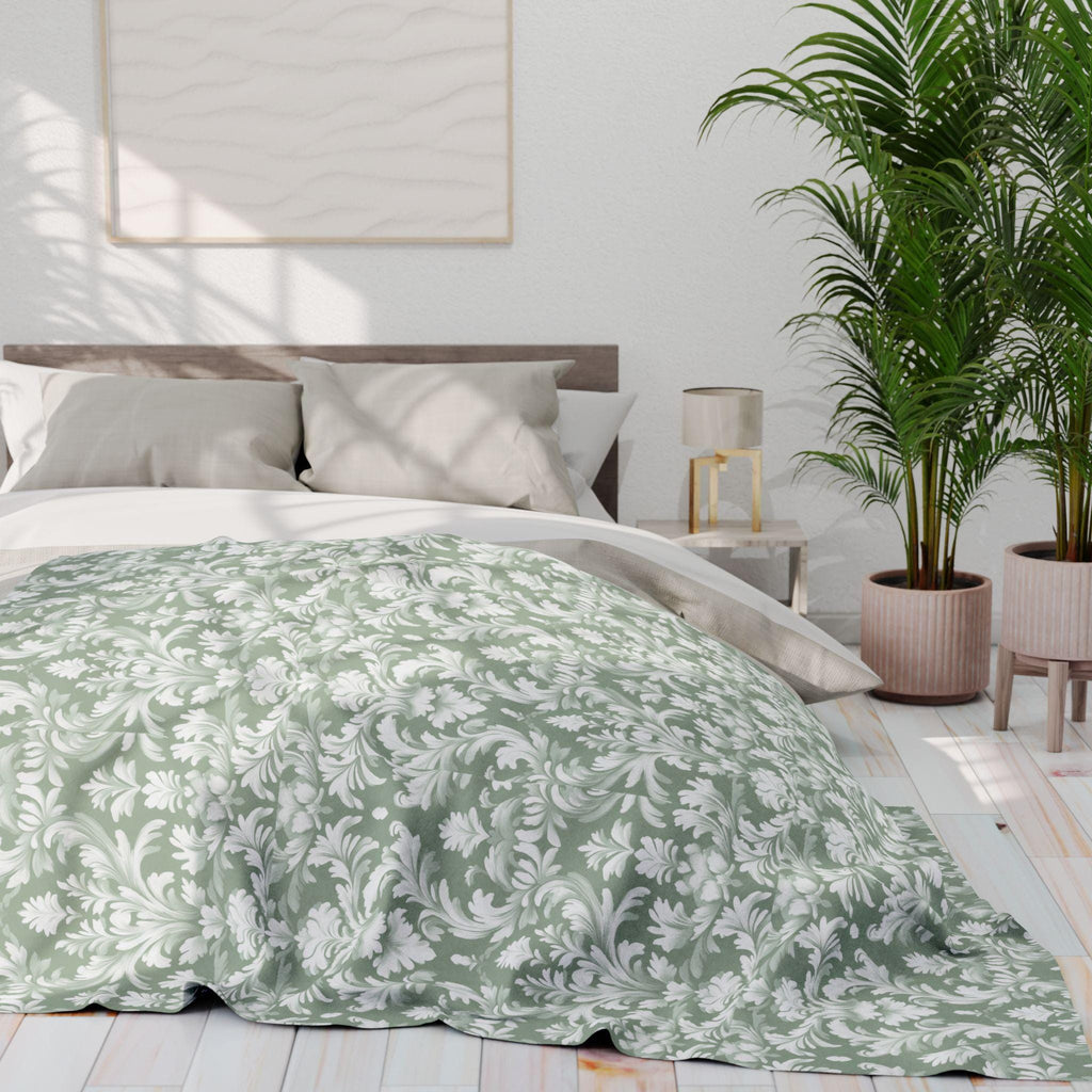 Damask Pattern Pastel Green Fleece Blanket, Vintage Style Throw Blanket for Living Room Bedroom