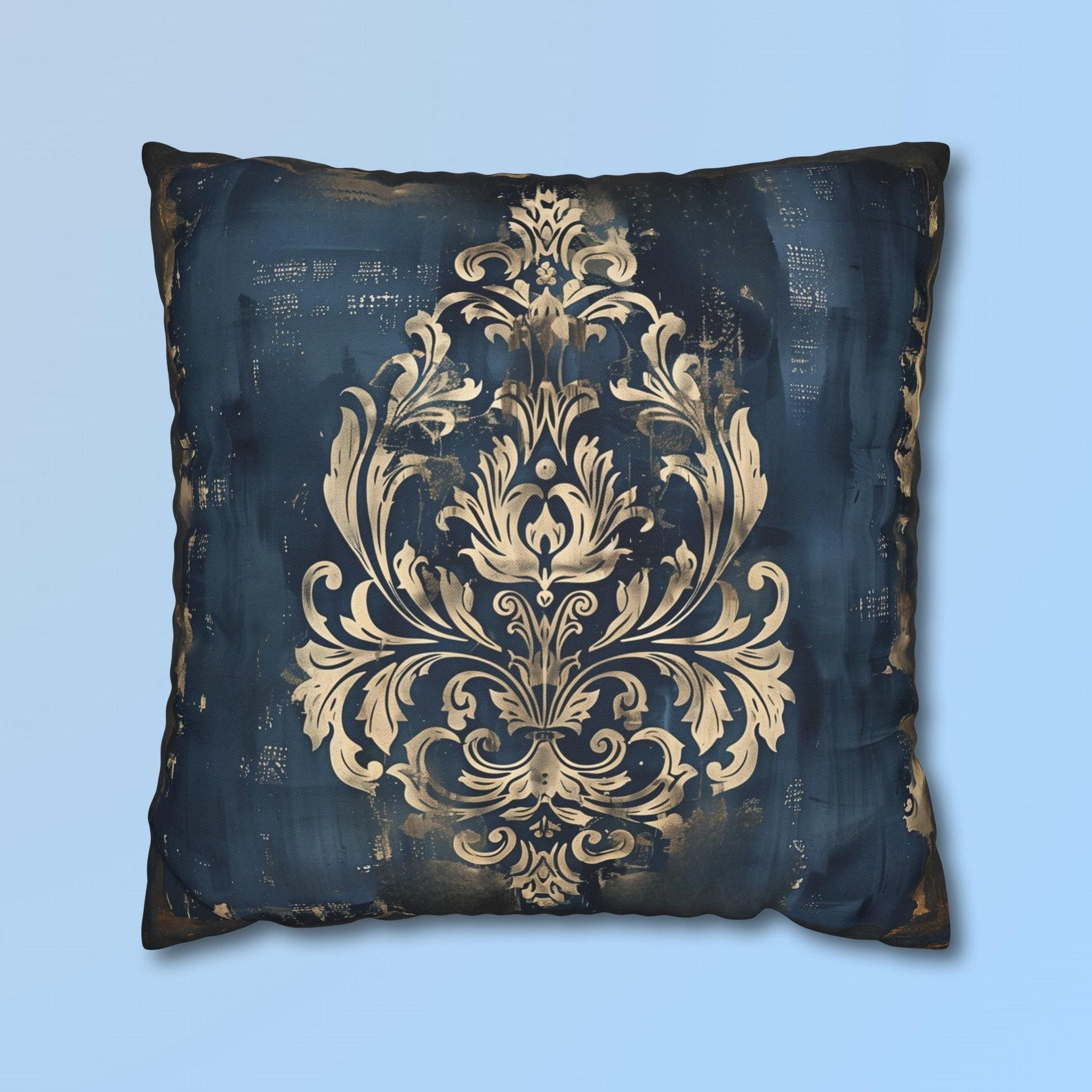 Navy Blue Damask Throw Pillow Cover: Vintage Style Gold Accent