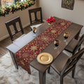 Crimson & Gold Snowflake Table Runner with Poinsettia Accents for Christmas Dining Decor