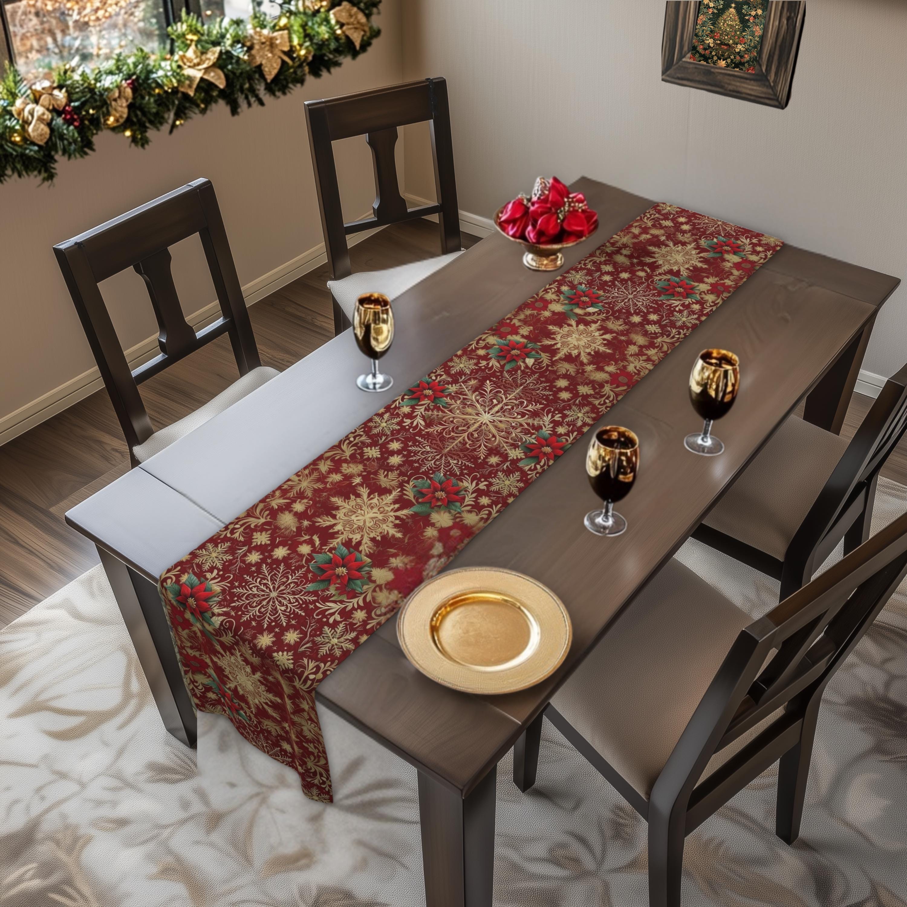 Crimson & Gold Snowflake Table Runner with Poinsettia Accents for Christmas Dining Decor