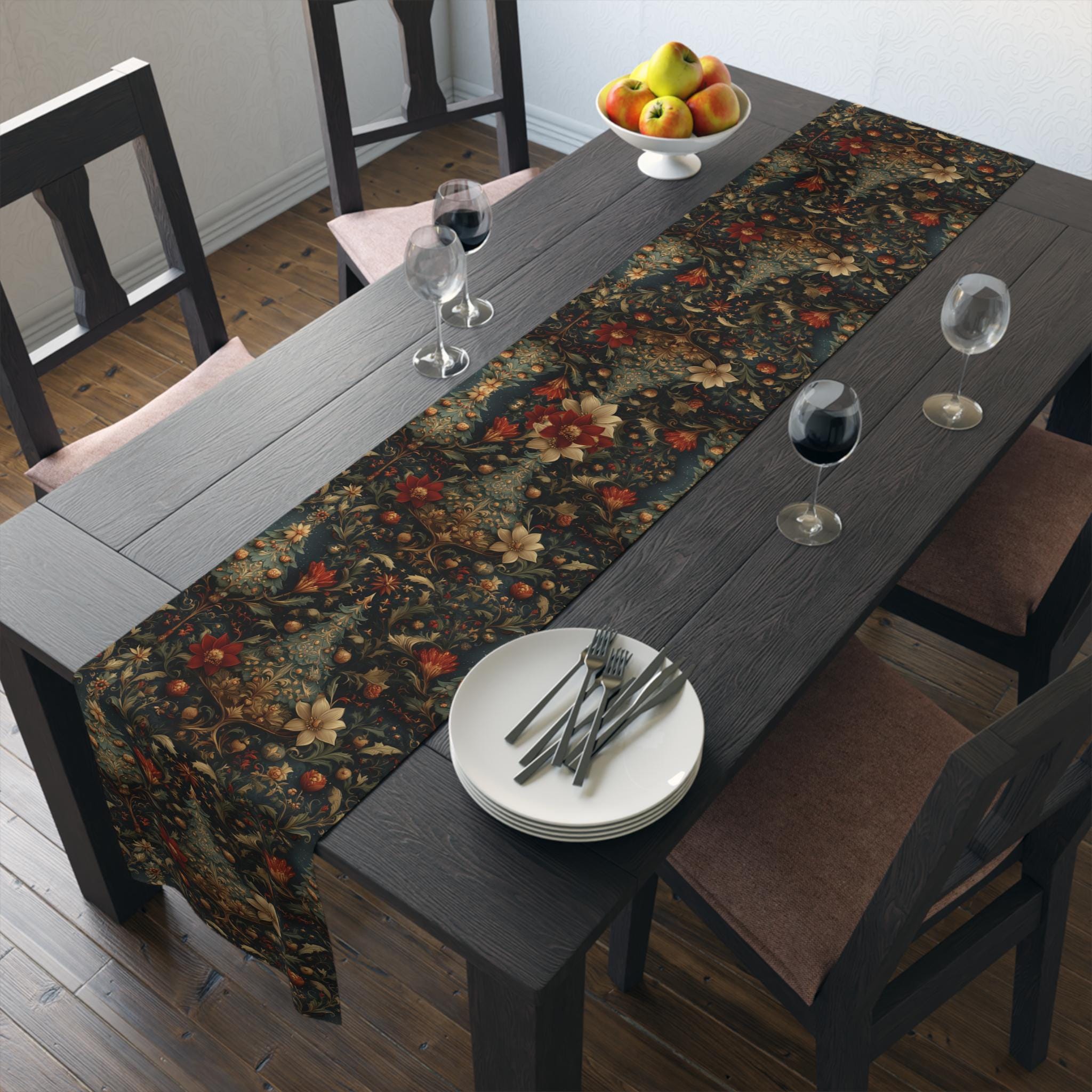 Intricate Christmas Table Runner: William Morris Holiday Botanical Pattern, Dark Red & Gold