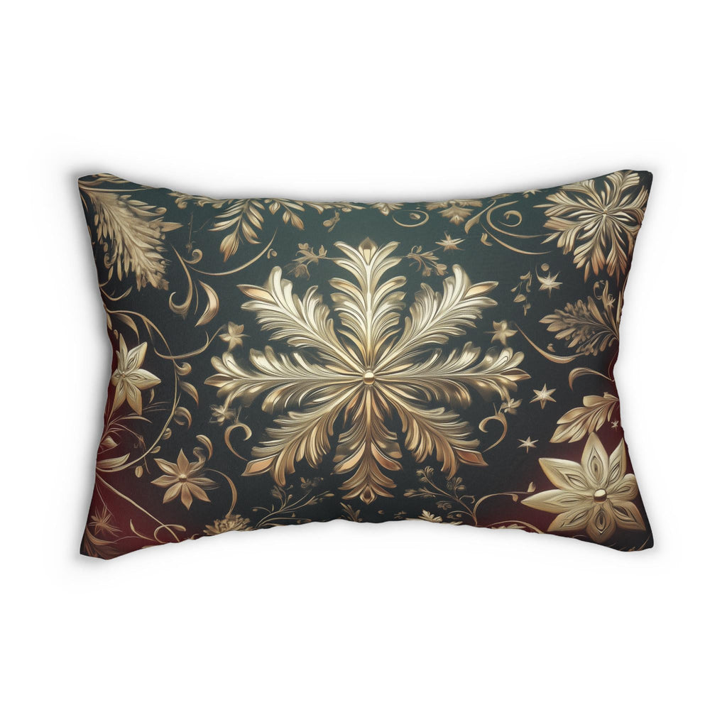 Snowflake Christmas  Lumbar Pillow, Burgundy & Green Ornate Design Lumbar Cushion