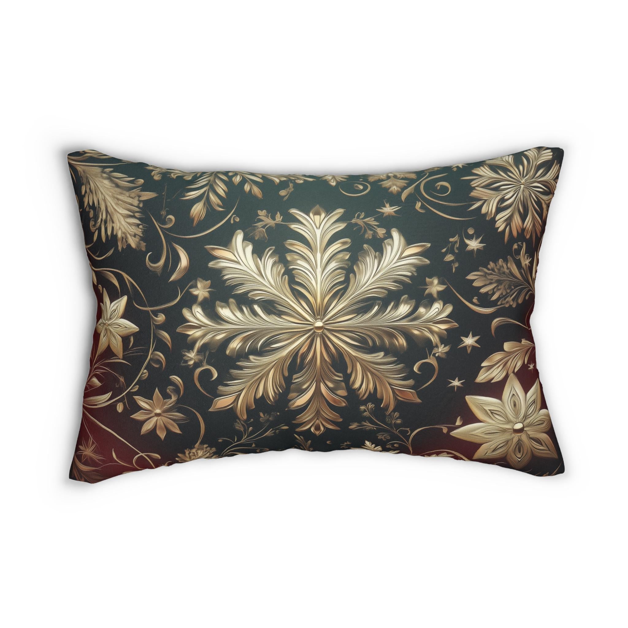 Snowflake Christmas  Lumbar Pillow, Burgundy & Green Ornate Design Lumbar Cushion