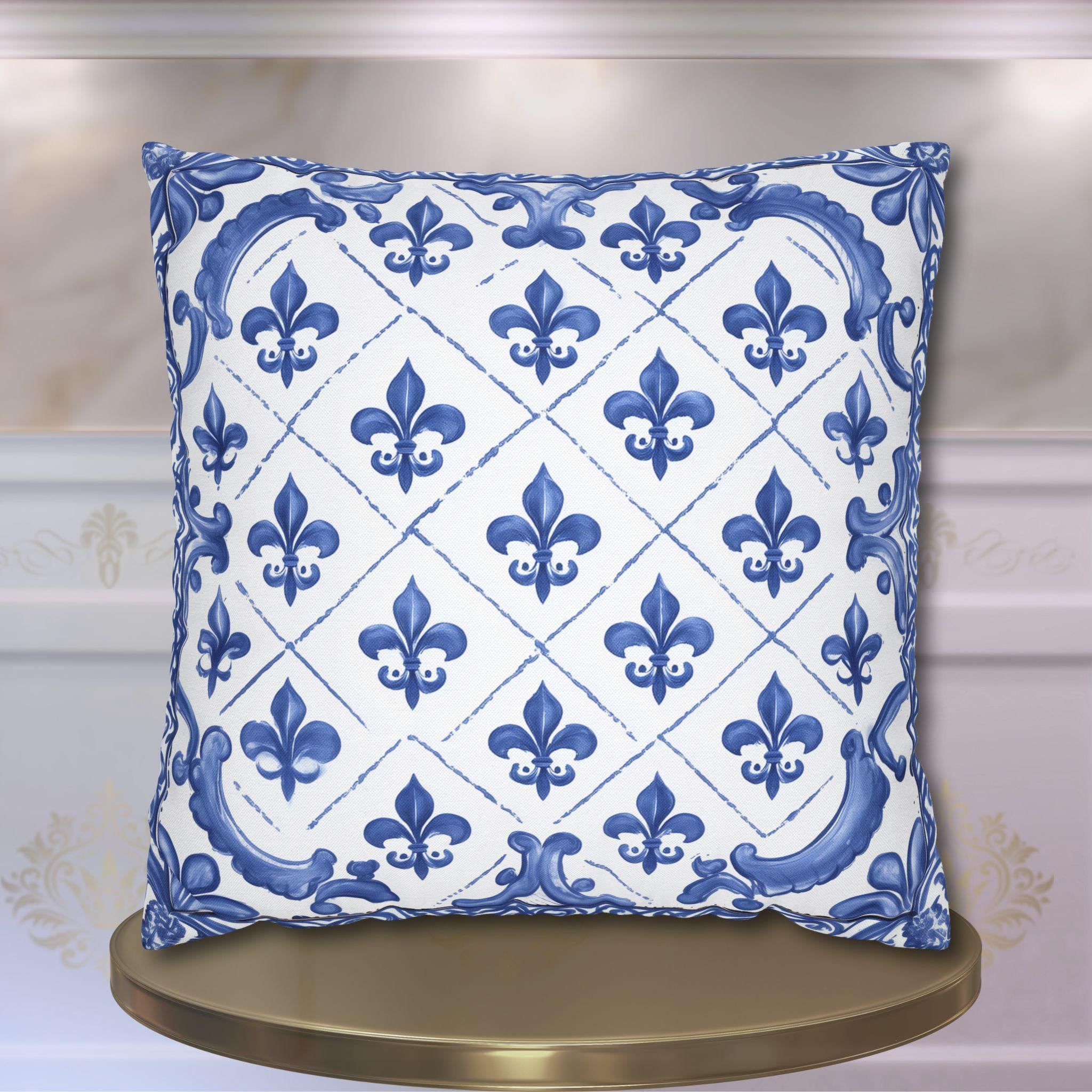Fleur de Lis Pillow Cover: Blue & White French Tile Design