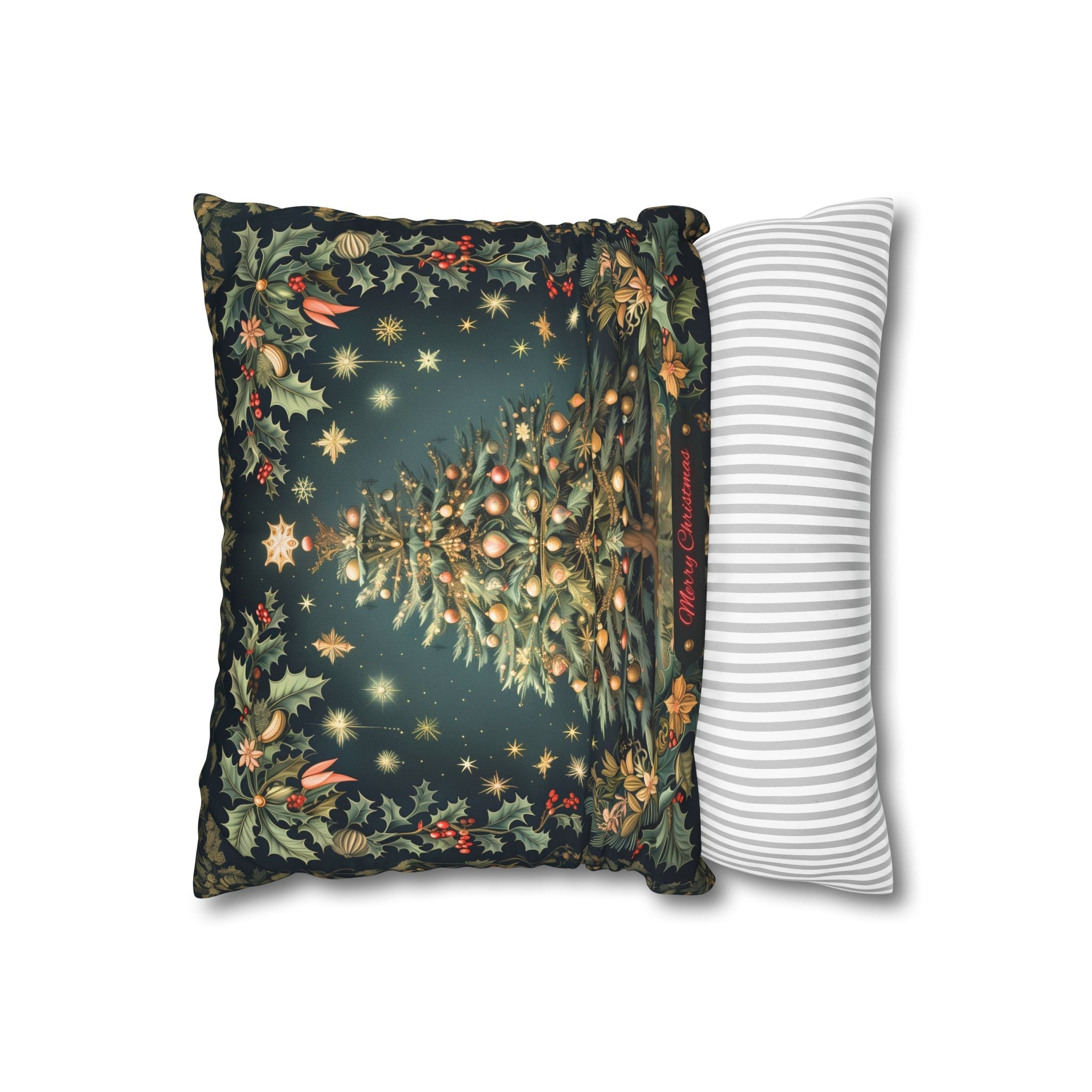 William Morris Merry Christmas 2024 Euro Sham, Gold Red Ornaments on Forest Green and Holly 24x24 & 26x26 inch sizes available