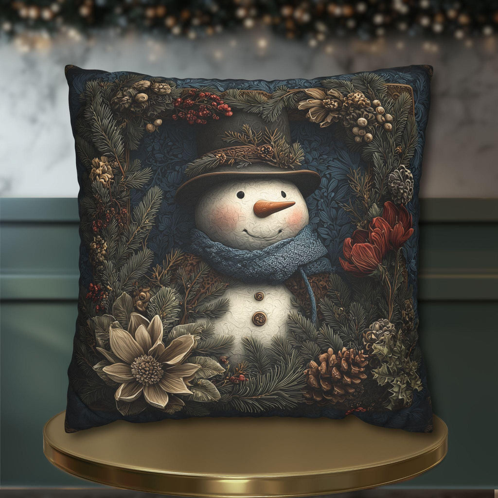 Winter Woodland Snowman Pillow Cover: William Morris Style with Pine, Florals & Vintage Charm