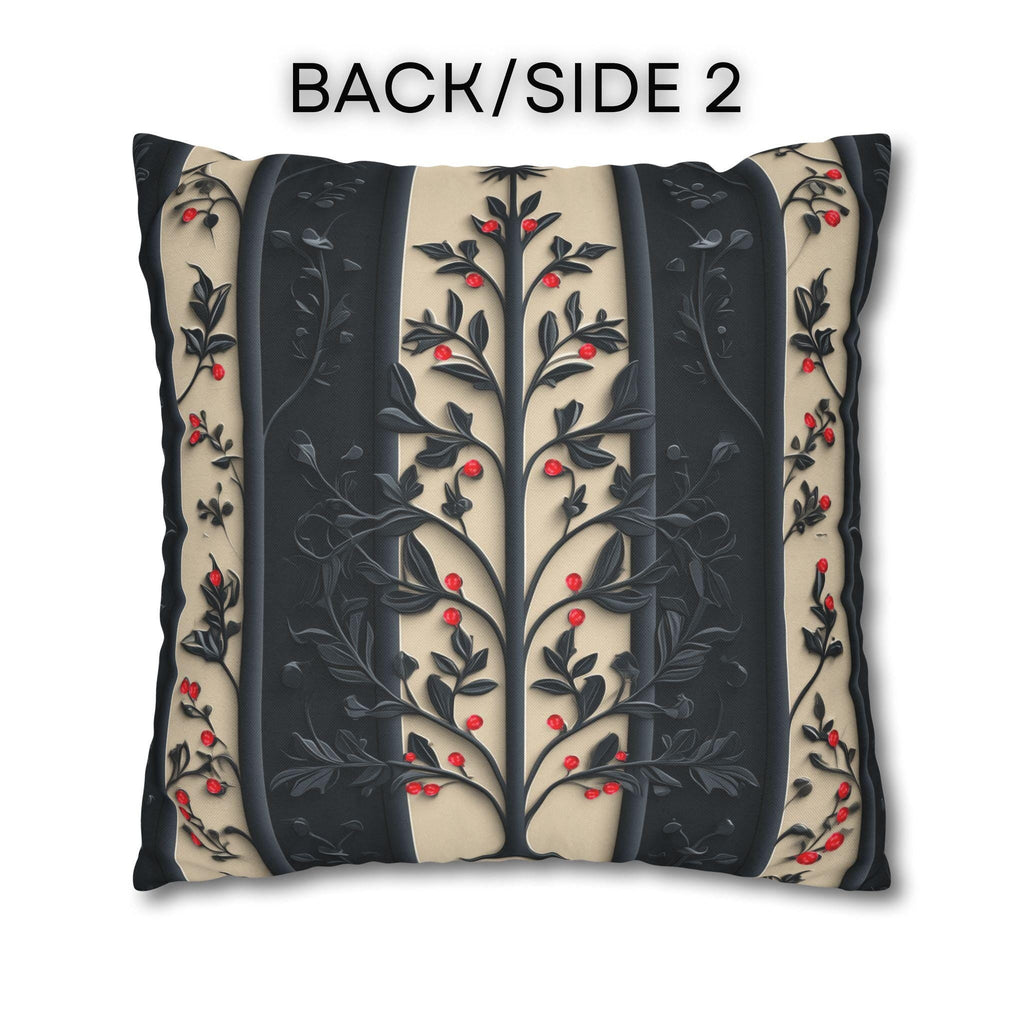 William Morris Christmas Pillow Cover: Charcoal-Navy & Ivory Stripes with Red Berries