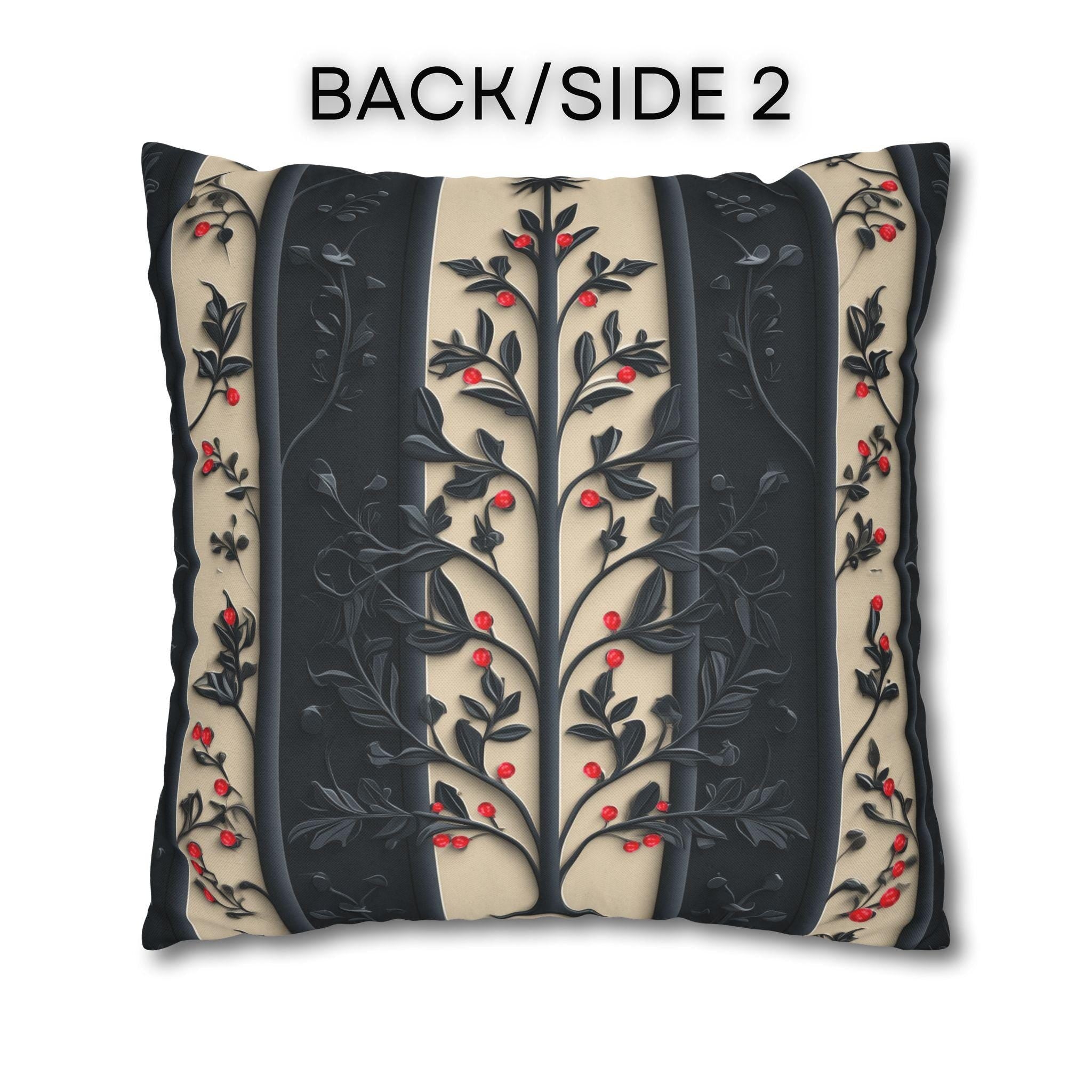 William Morris Christmas Pillow Cover: Charcoal-Navy & Ivory Stripes with Red Berries