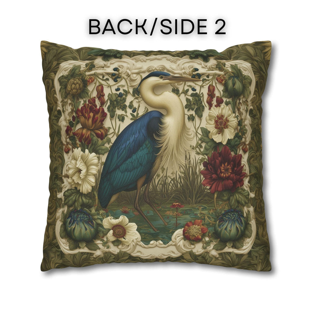 William Morris Style Heron Pillow Cover: Botanical Marsh Floral Art