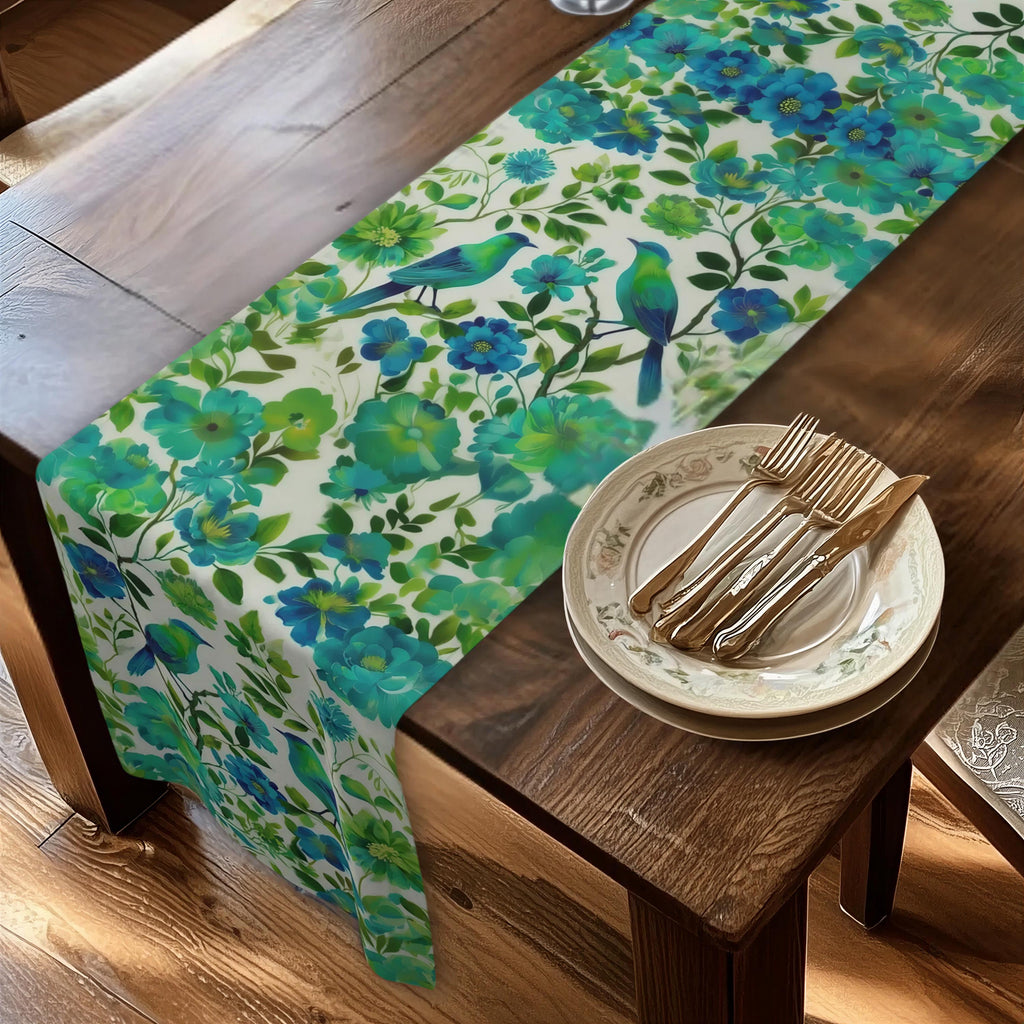 Chinoiserie Bird Table Runner: Teal Green Watercolor Floral