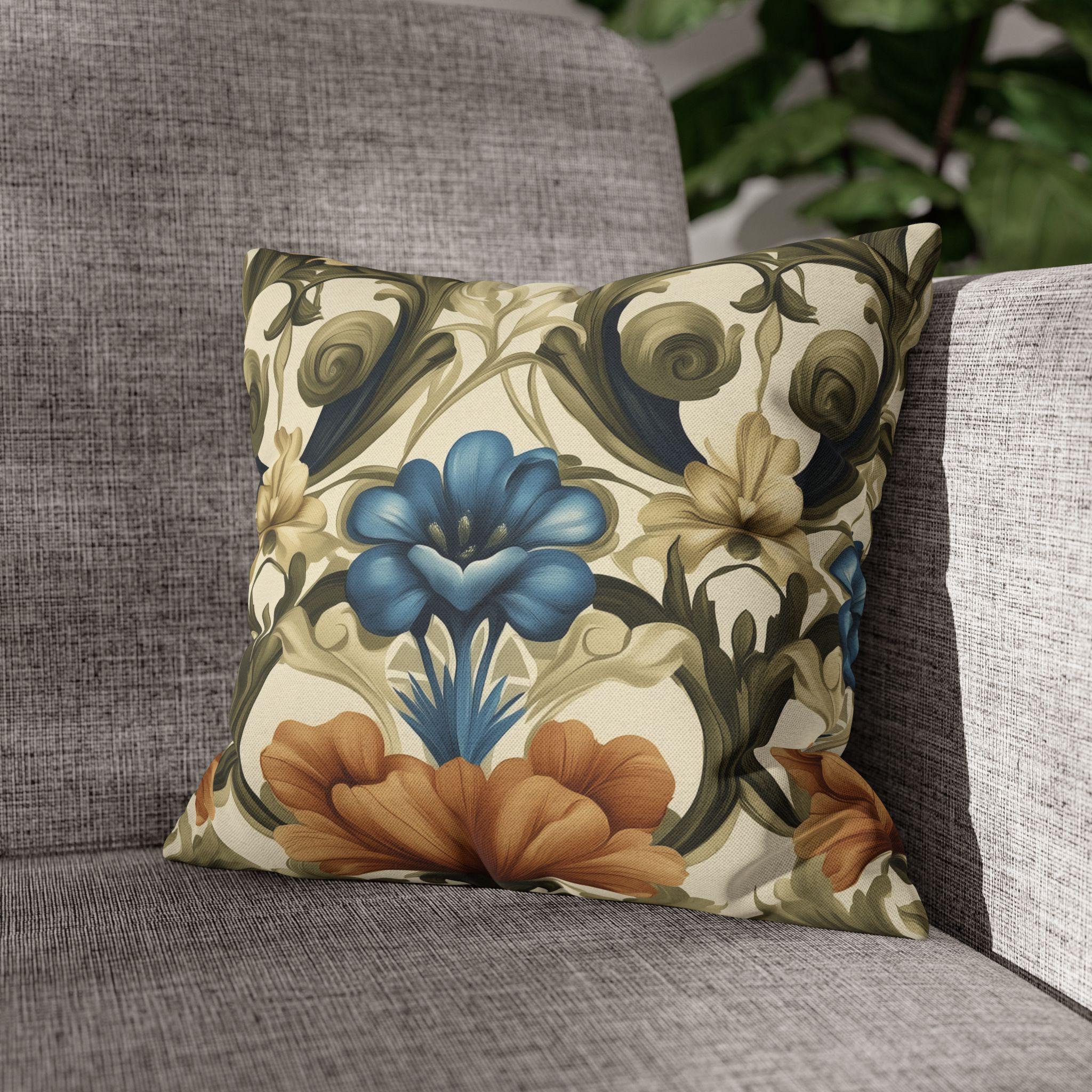 William Morris Floral Pillow Cover: Blue, Orange Blooms, Elegant Home Decor