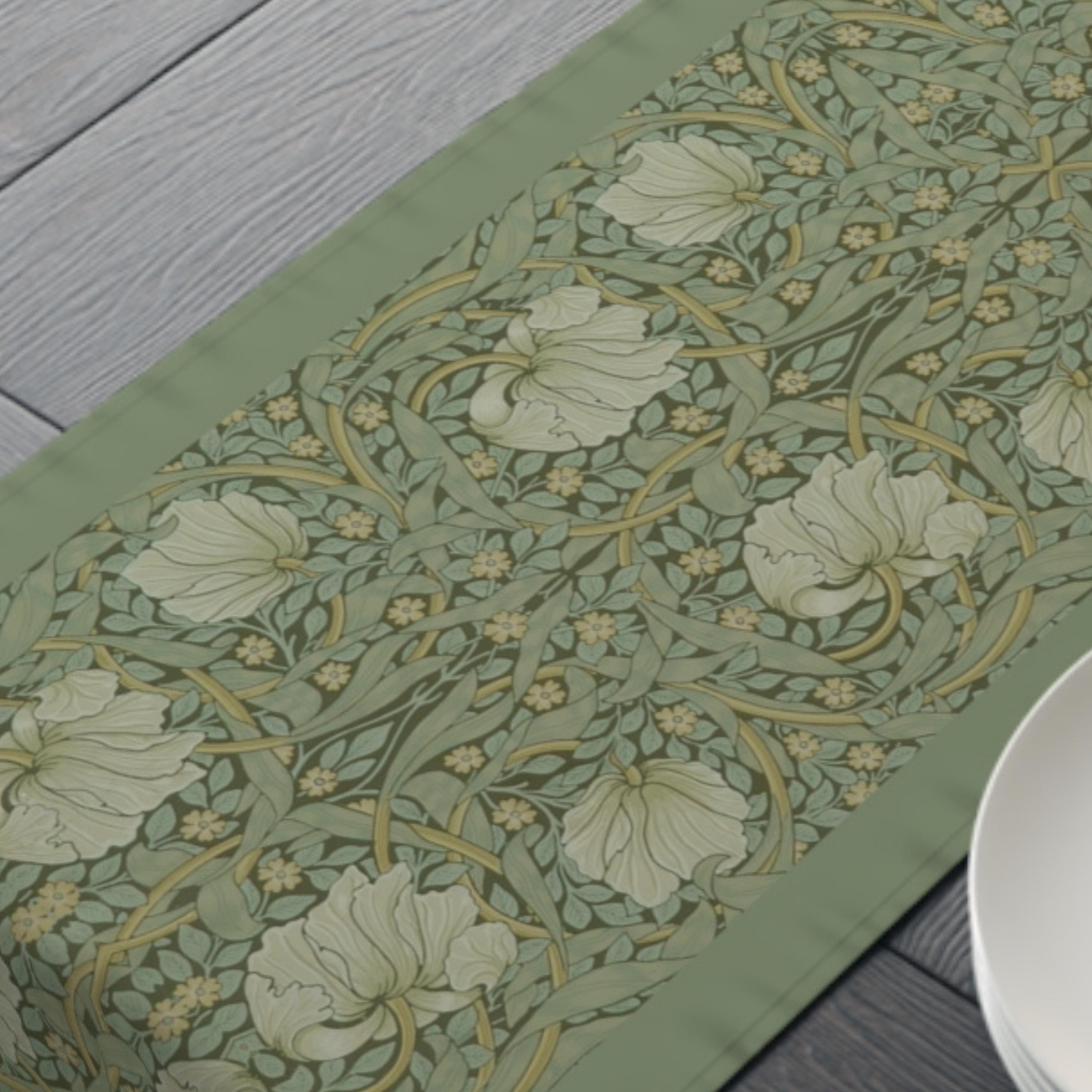William Morris Pimpernel Sage Table Runner: Vintage Wallpaper-Inspired Botanical Art Nouveau Decor