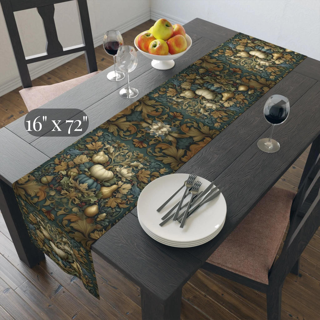 William Morris Inspired Autumn Table Runner: Teal, Gold, and Ivory Harvest Design