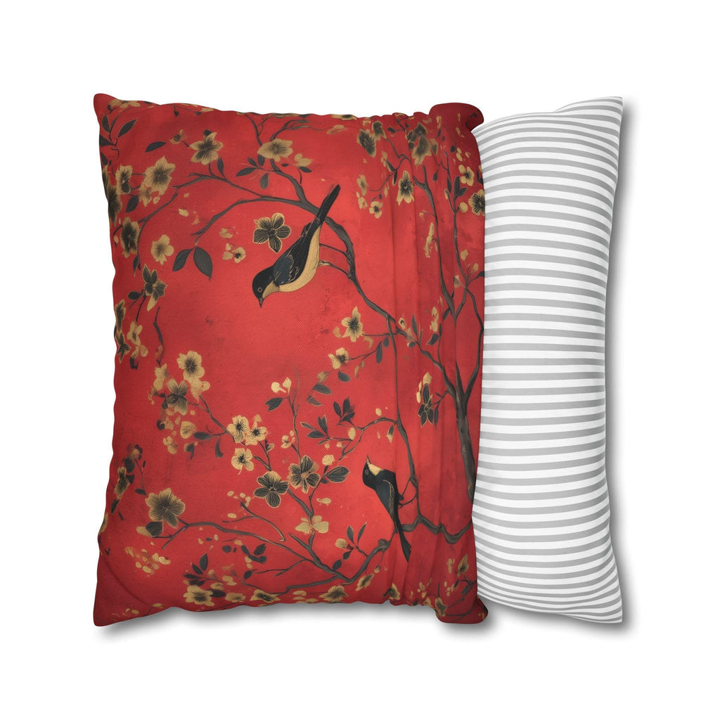 Chinoiserie Bird Pillow Cover: Crimson Floral Accent Cushion