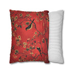 Chinoiserie Bird Pillow Cover: Crimson Floral Accent Cushion