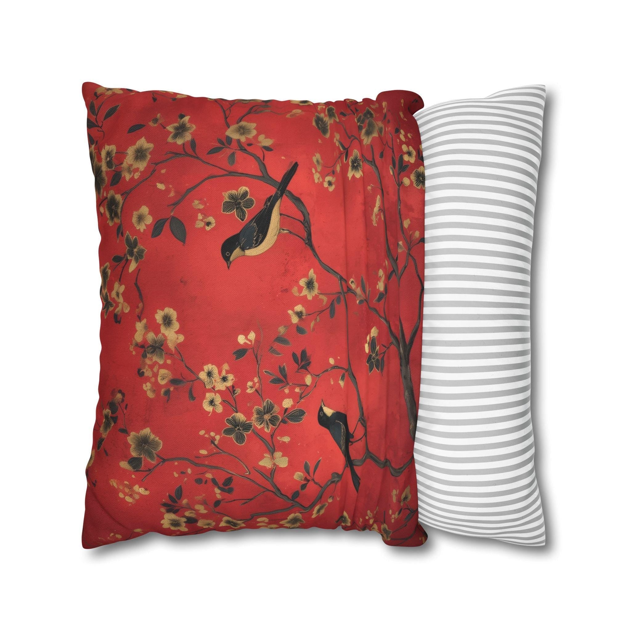 Chinoiserie Bird Pillow Cover: Crimson Floral Accent Cushion