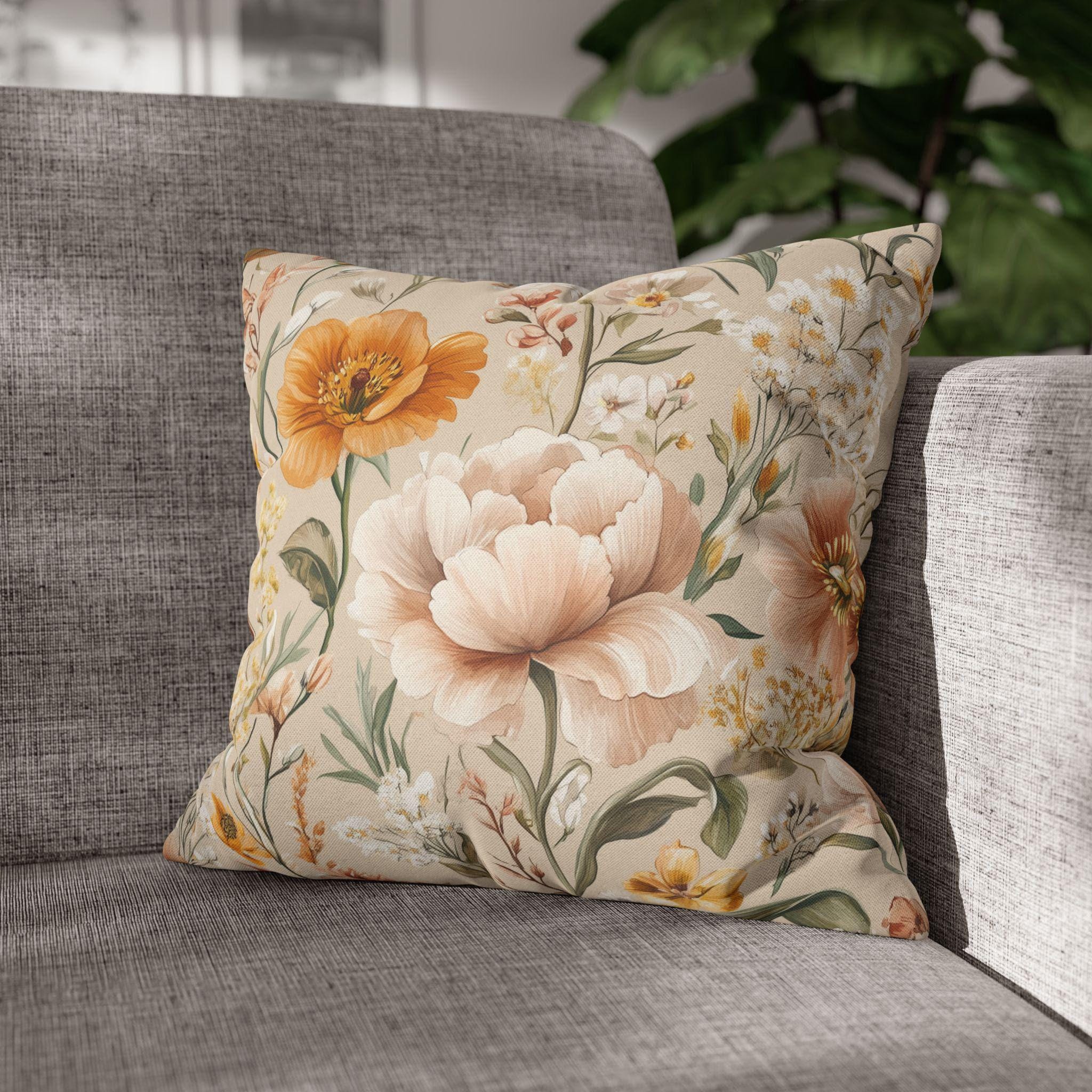 Botanical Pillow Cover: Apricot, Honey, Sage on Warm Neutral Background