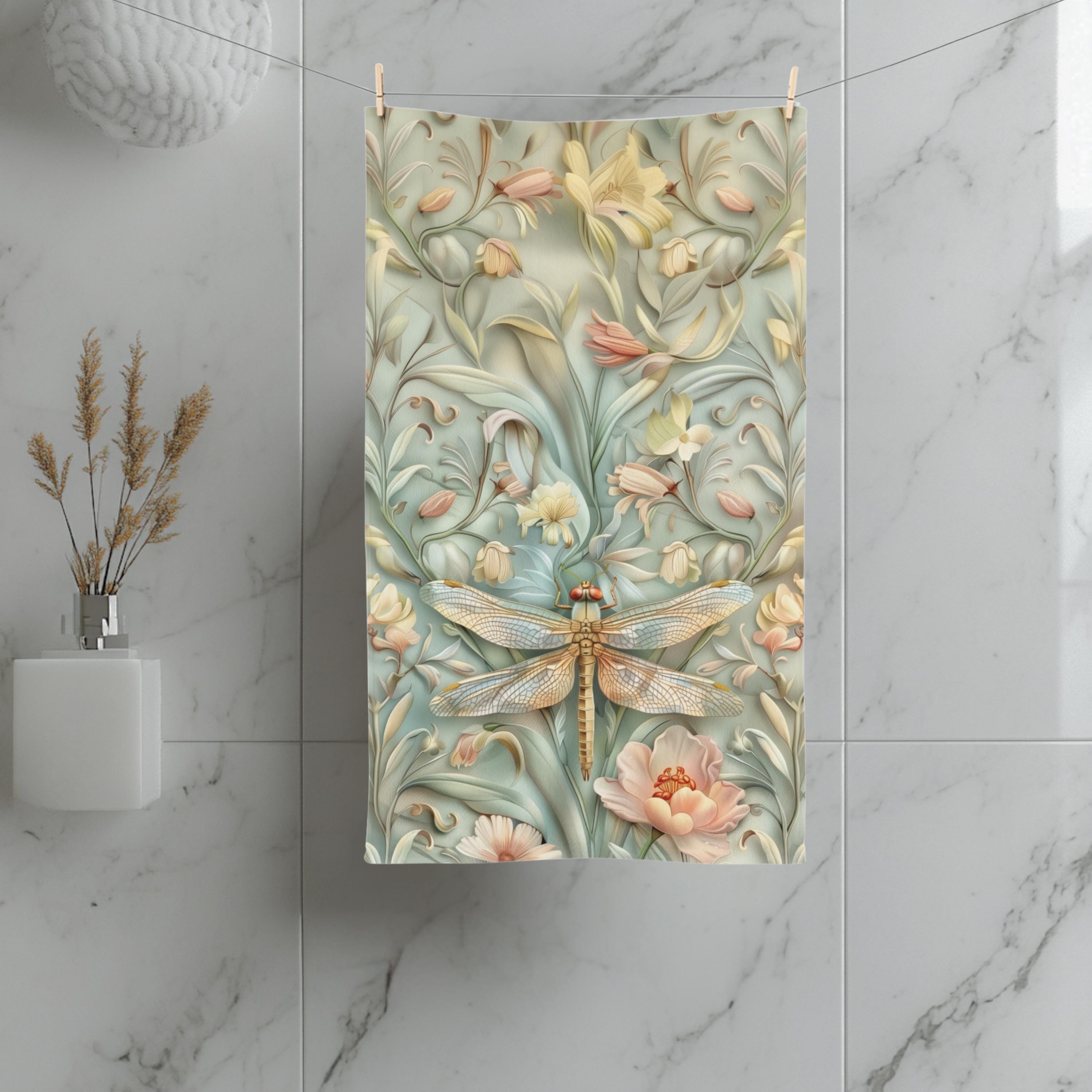 William Morris Dragonfly Hand Towel: Blue, Gold Wings Pink, Cream Flowers Elegant Nature Design