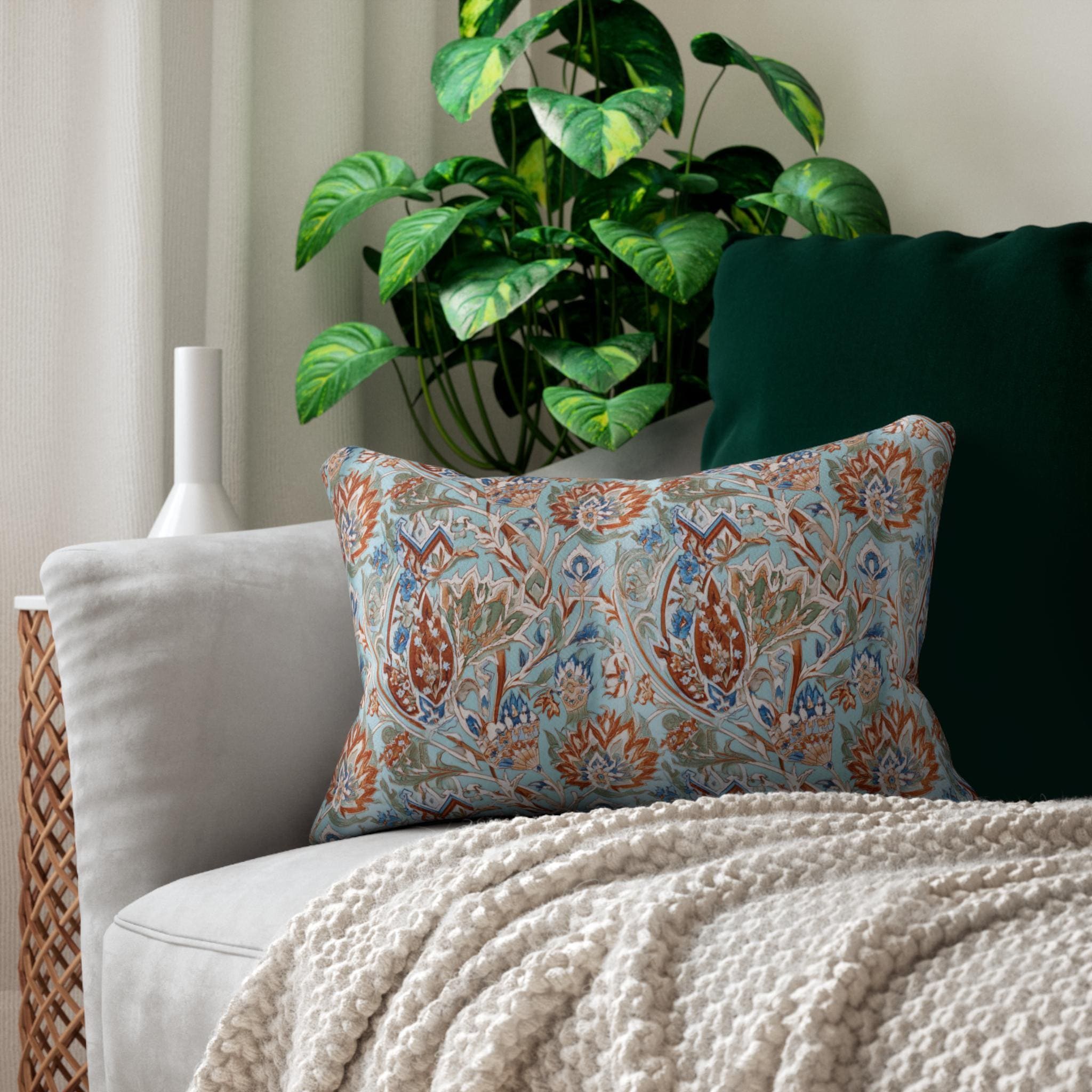 Ottoman Garden Lumbar Pillow: Iznik-Style Tulips, Aqua Ground, Global Sophistication