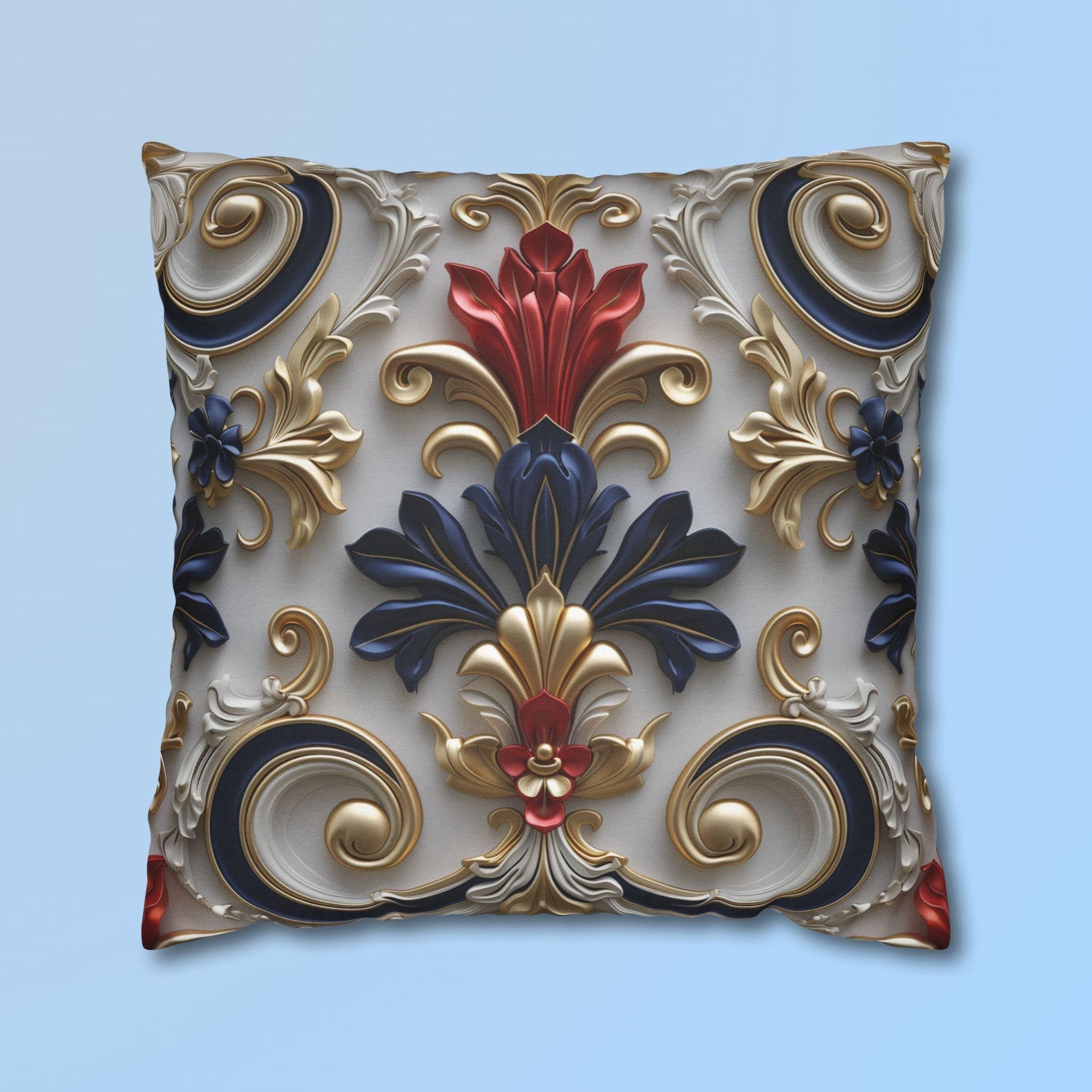 Baroque Floral Pillow Cover: Red, Blue, Gold Foliate Motifs