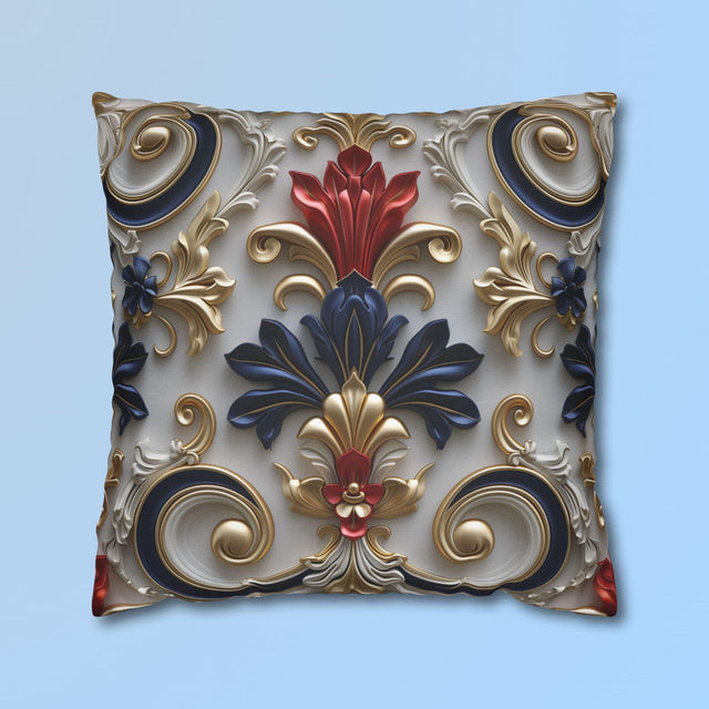 Baroque Floral Pillow Cover: Red, Blue, Gold Foliate Motifs