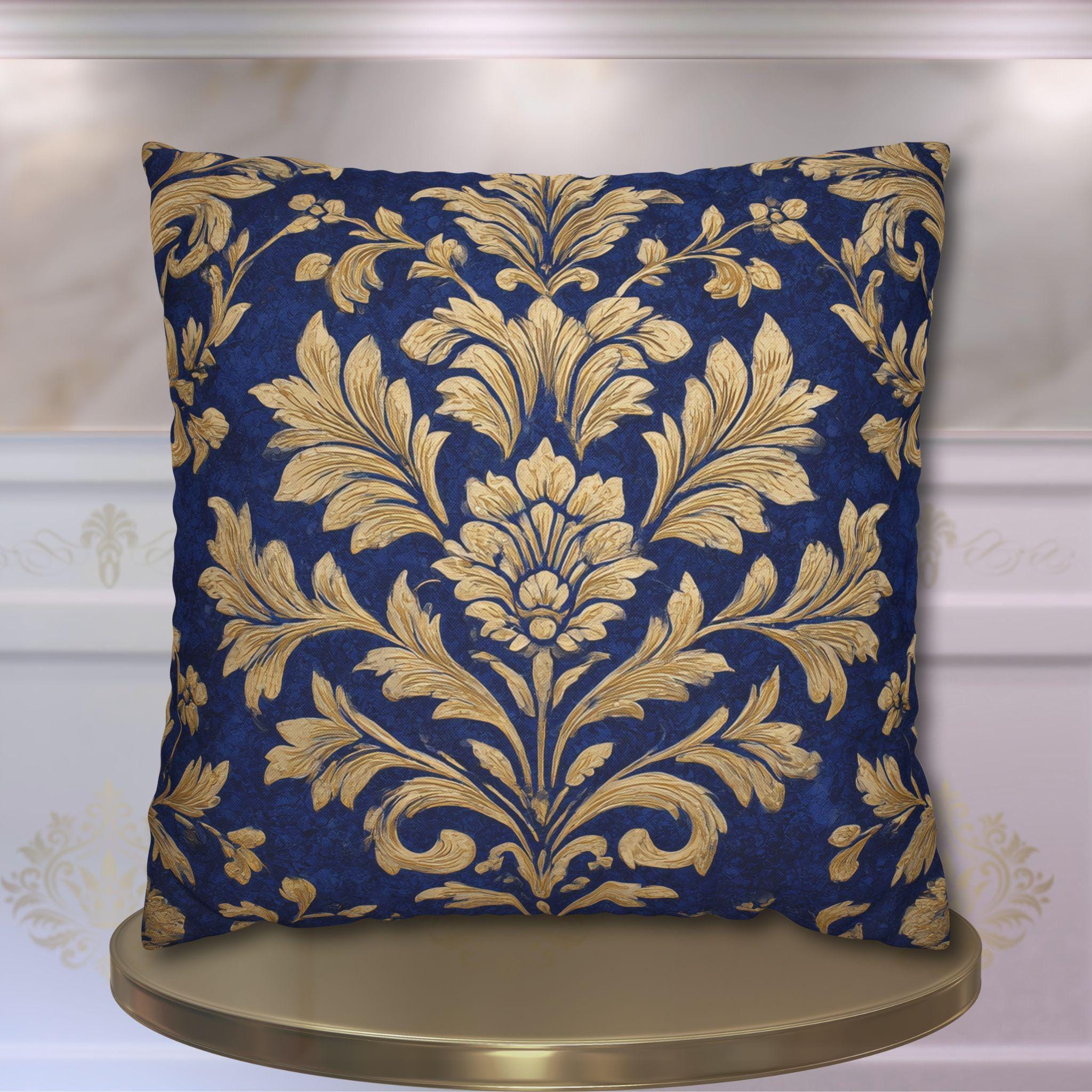 Opulent Baroque Damask Pillow Cover: Royal Blue & Gold Vintage Cushion for Maximalist Home Decor