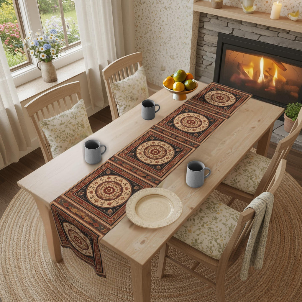 Persian Table Runner: Inspired by Antique Medallion Rug Design in Warm Rust and Cream