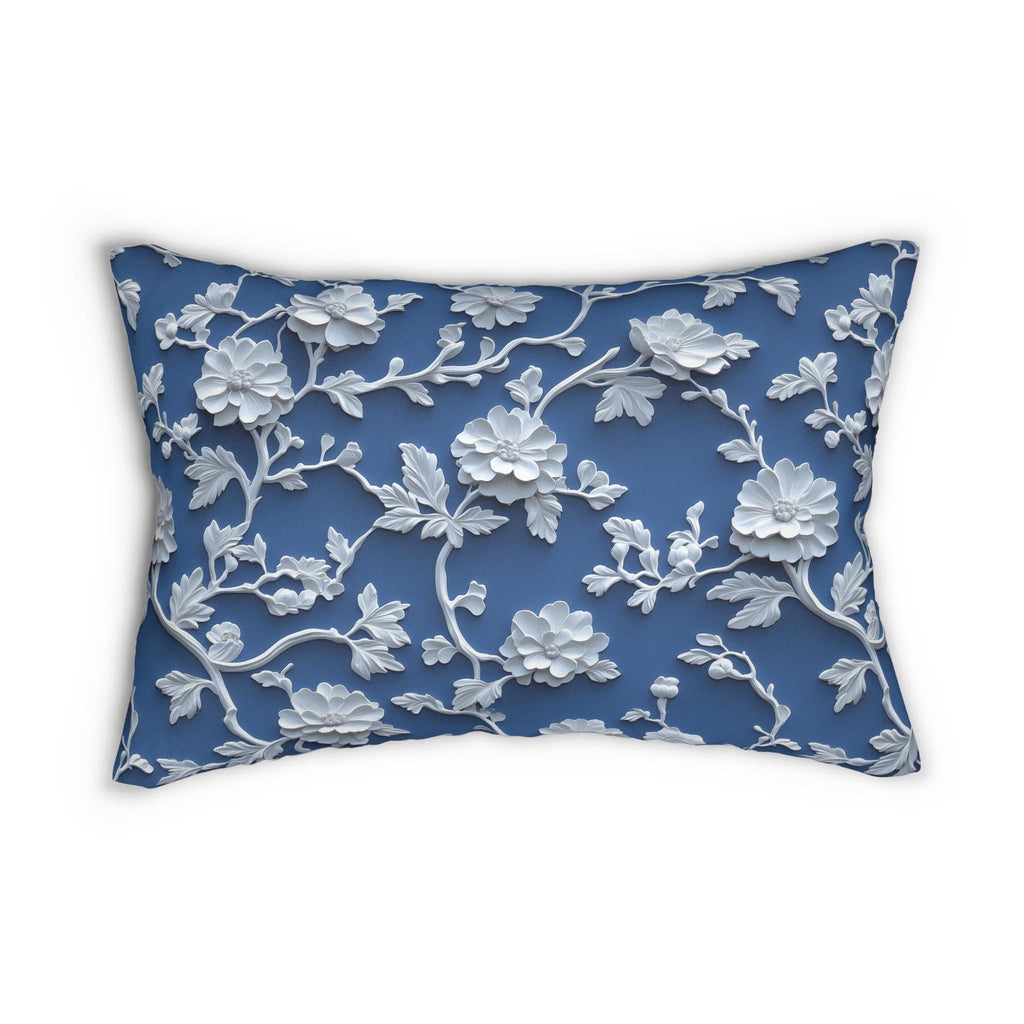 Chinoiserie Lumbar Pillow: Blue and White Floral Home Accent