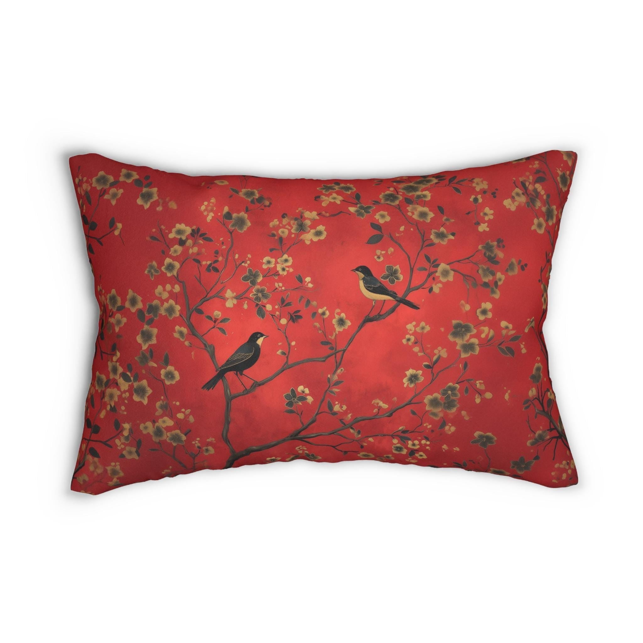 Elegant Chinoiserie Bird Lumbar Pillow: Vintage-Inspired Crimson, Black & Gold Floral Cushion Cover