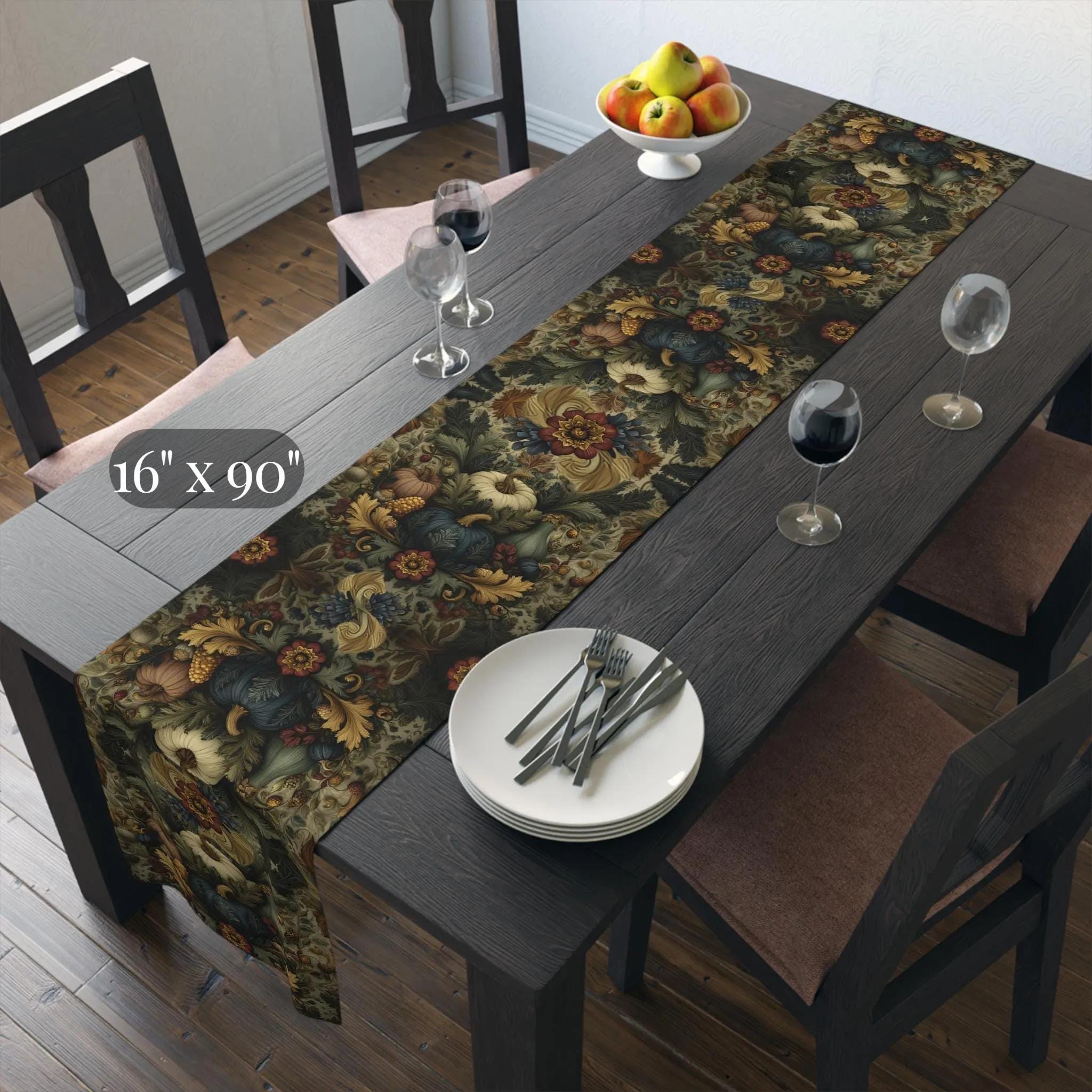 William Morris Inspired Autumn Harvest Tapestry Table Runner: Deep Teal with Ivory Blue & Gold
