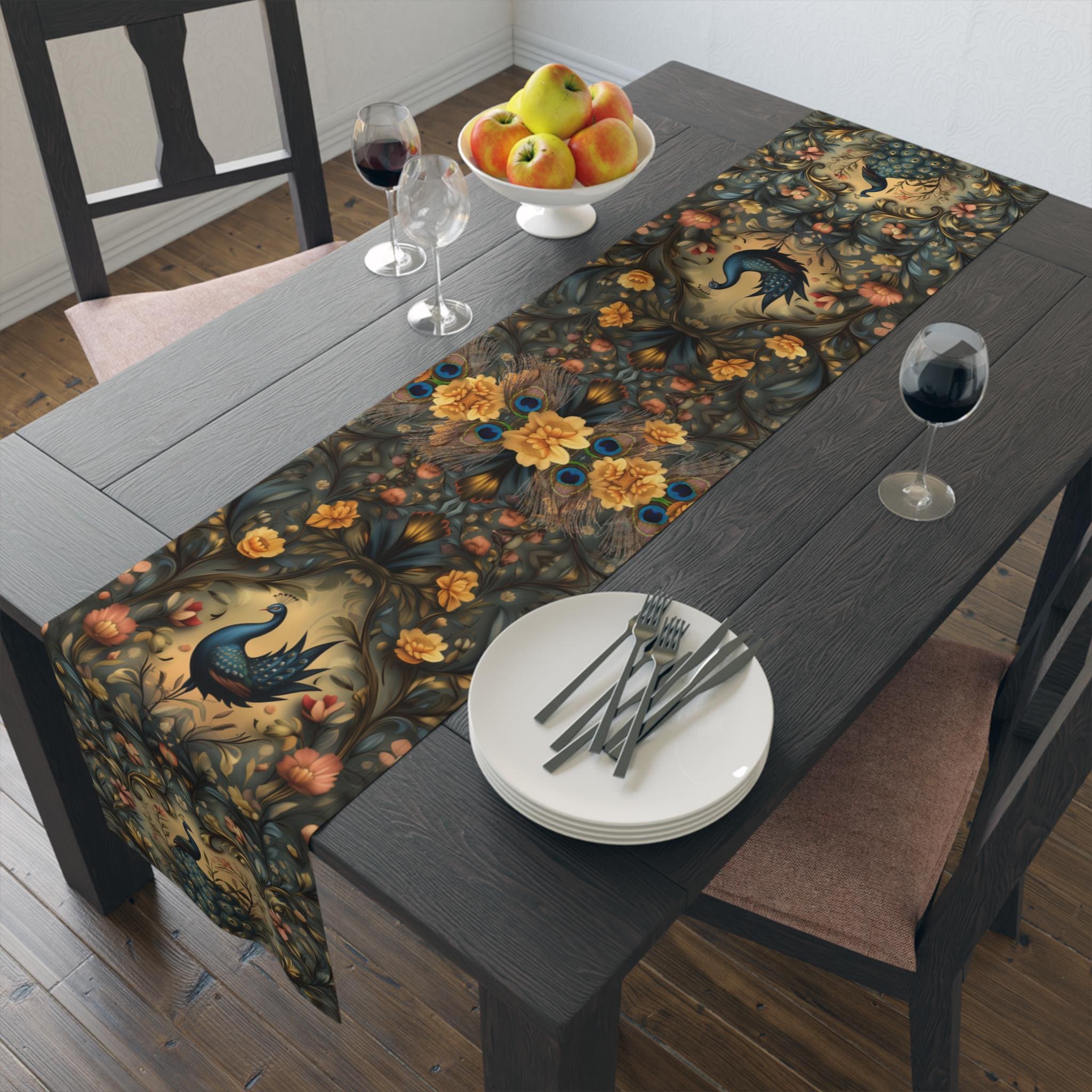 Elegant Peacock Garden Table Runner: Vintage-Inspired Botanical Dining Accent for Luxurious Home Decor