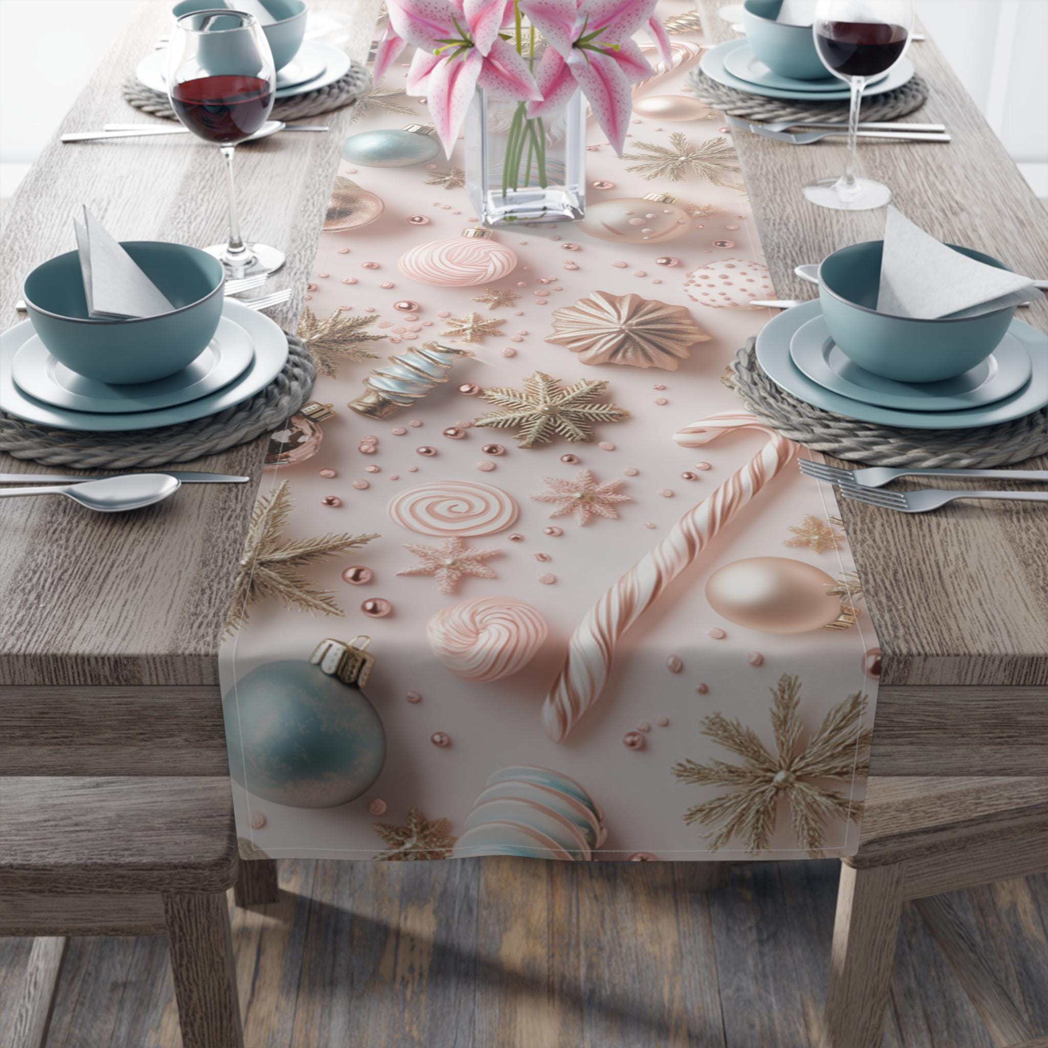 Candycore Table Runner, Pastel Pink, Minty Blue Whimsical Christmas Holiday Decor