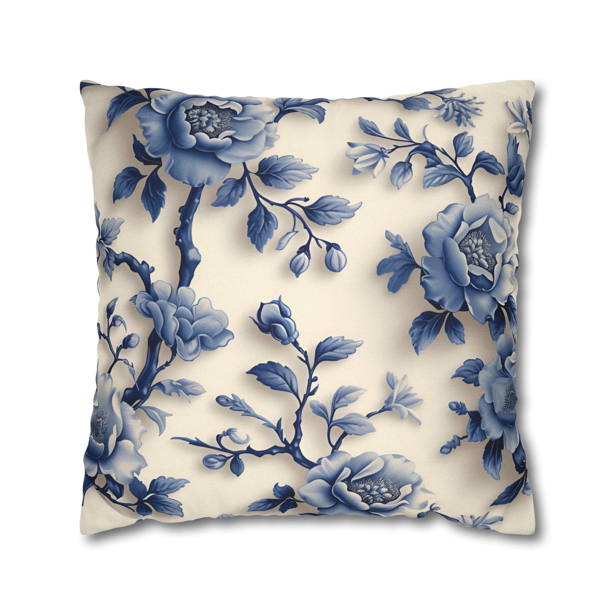 Elegant Chinoiserie Blue Floral Pillow Cover: Porcelain-Inspired Off-White