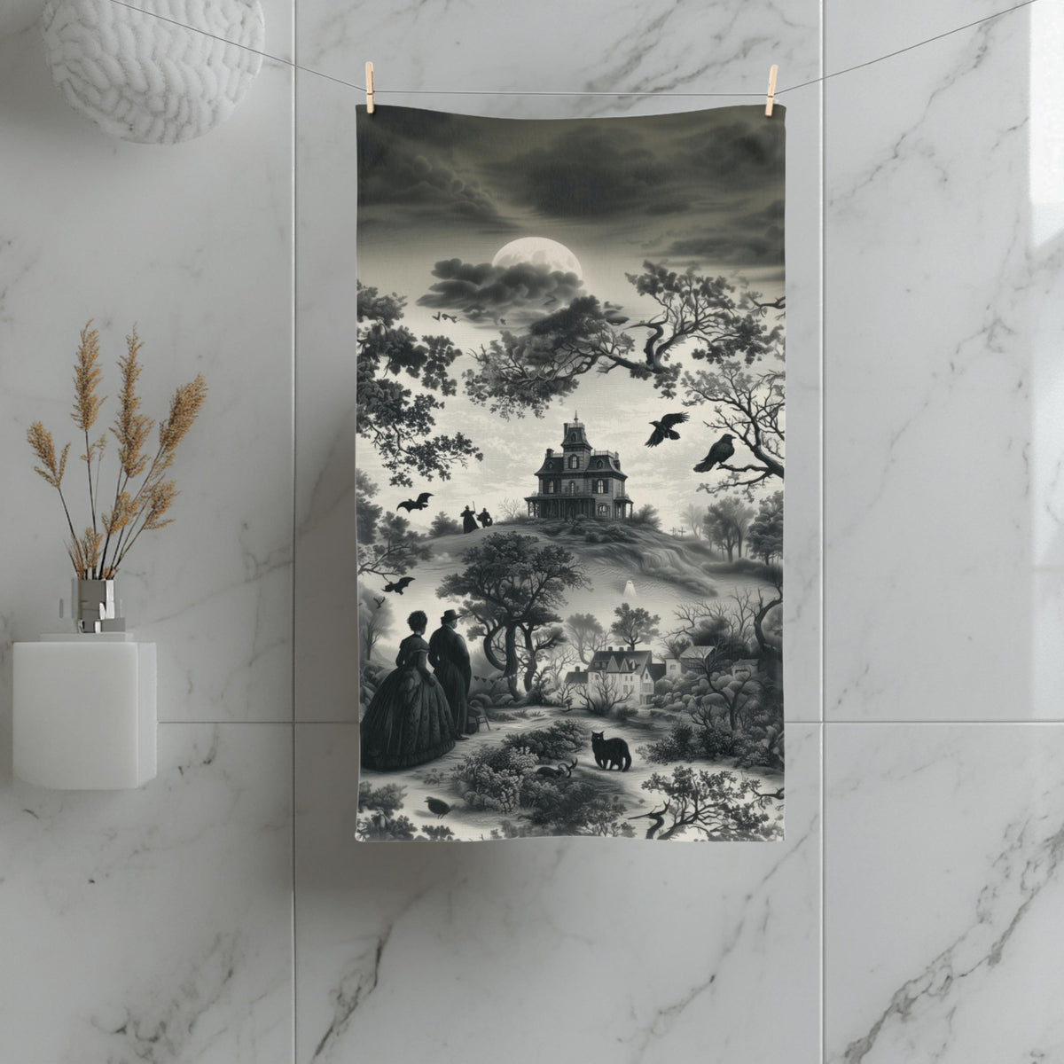Halloween Toile Hand Towel: Haunted House, Crows and Black Cat in Monochrome