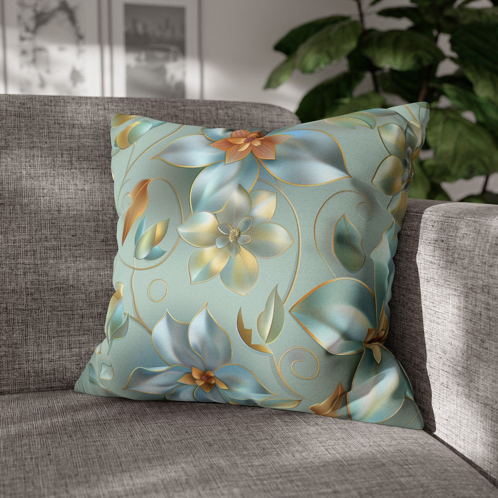 Floral Pillow Cover: Muted Teal Blue, Gold Magnolia Design
