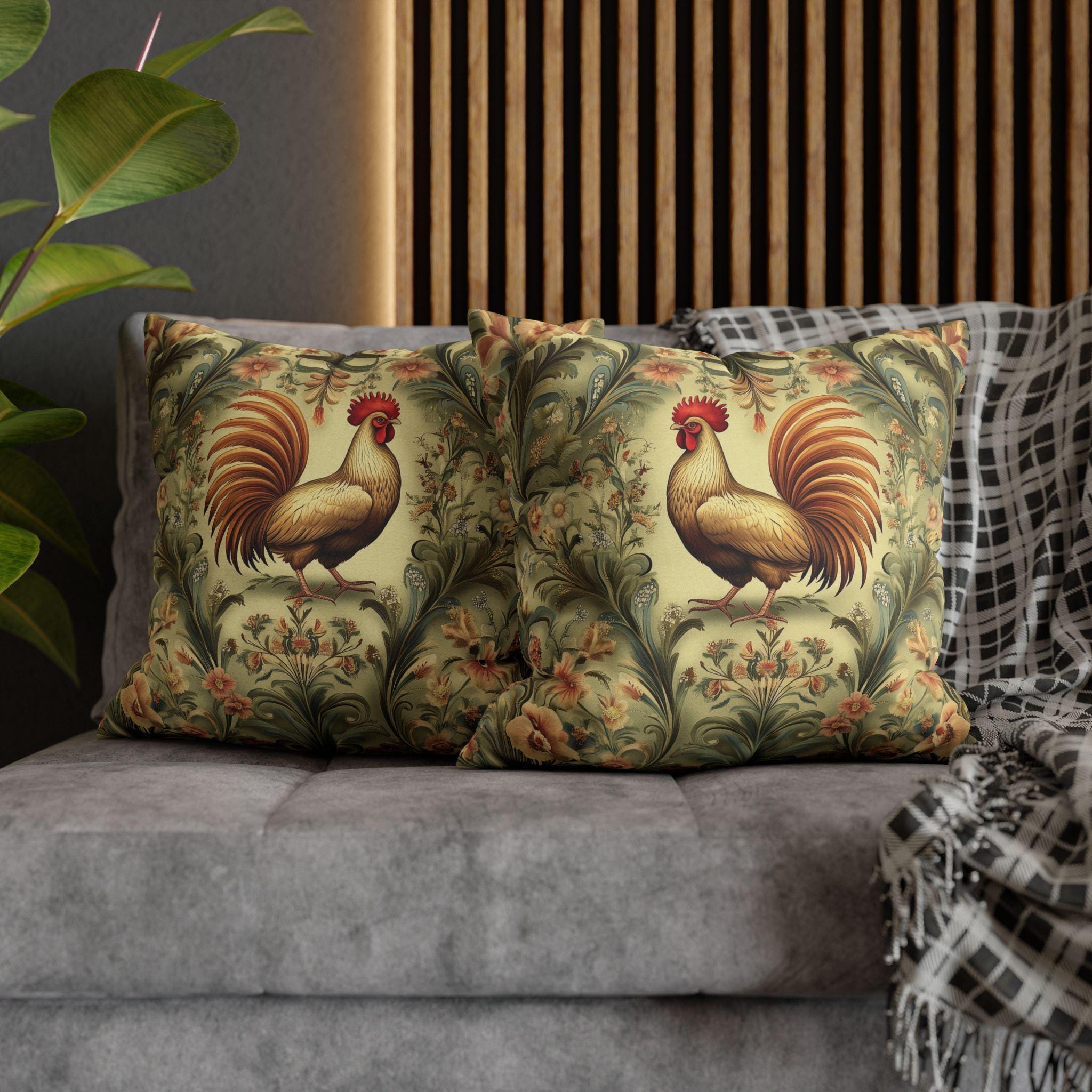 Vintage Style Rooster Farmhouse Pillowcase: Rustic Floral Botanical Cushion Cover for Country Home Decor