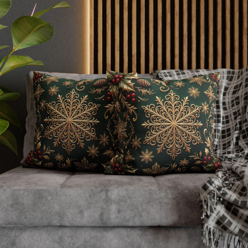 Emerald Green Holiday Pillow Cover: Brushed Gold Snowflake, Jewel Tone Christmas Urban Decor