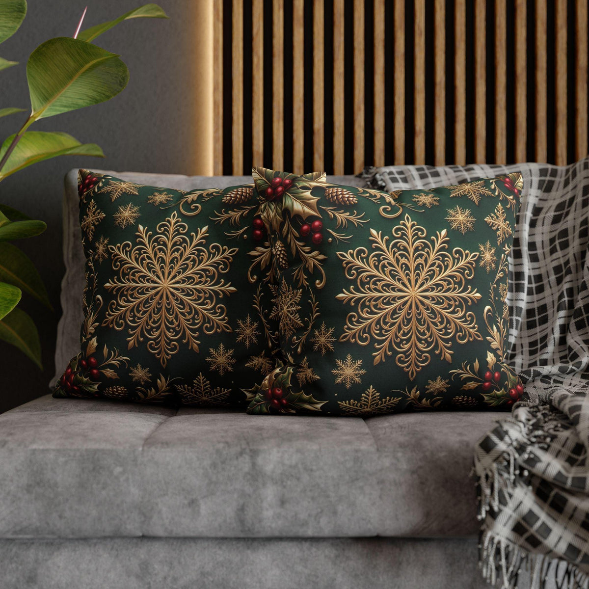 Emerald Green Holiday Pillow Cover: Brushed Gold Snowflake, Jewel Tone Christmas Urban Decor