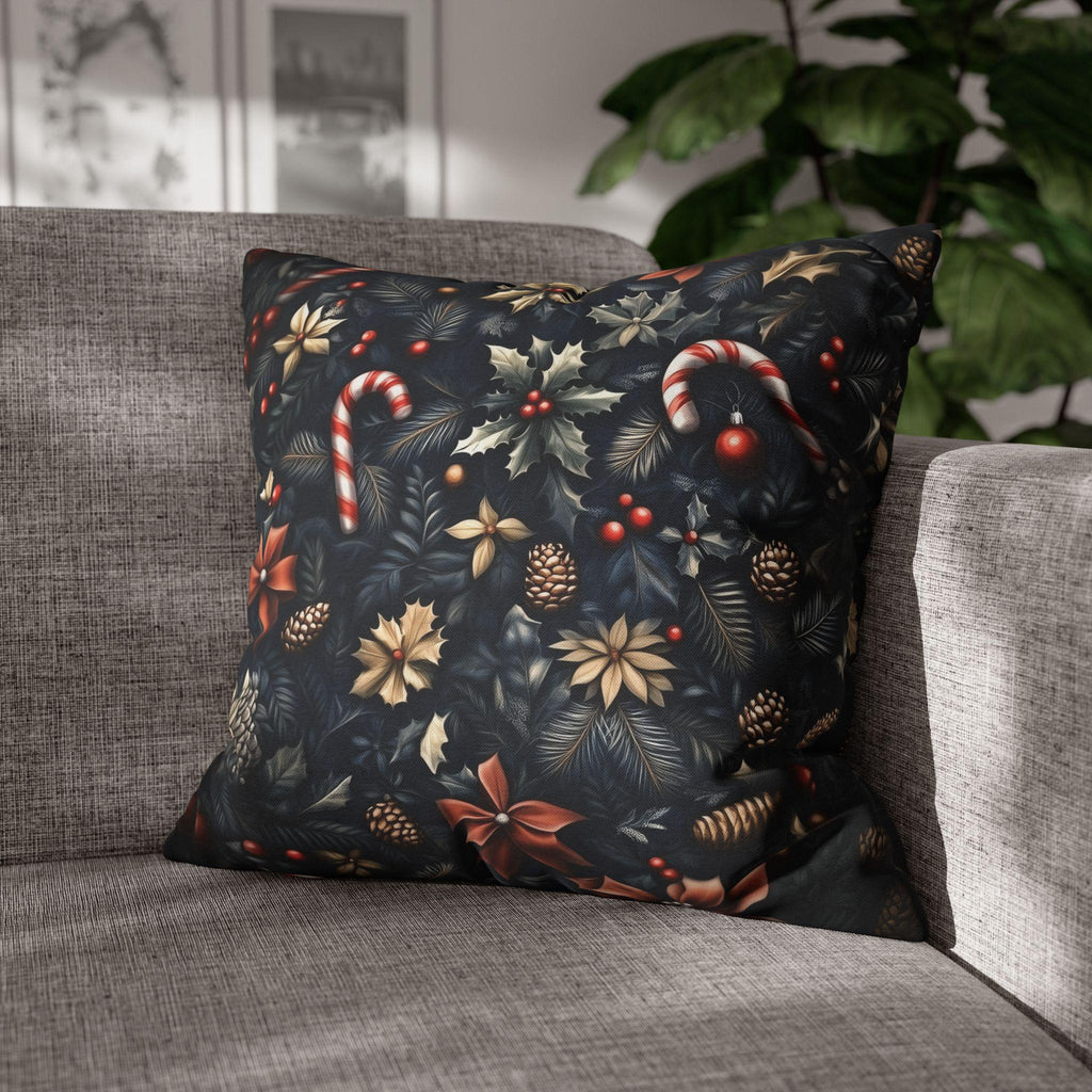 William Morris Christmas Pillow Cover: Navy, Gold & Cranberry with Holly, Candy Canes and Pinecones