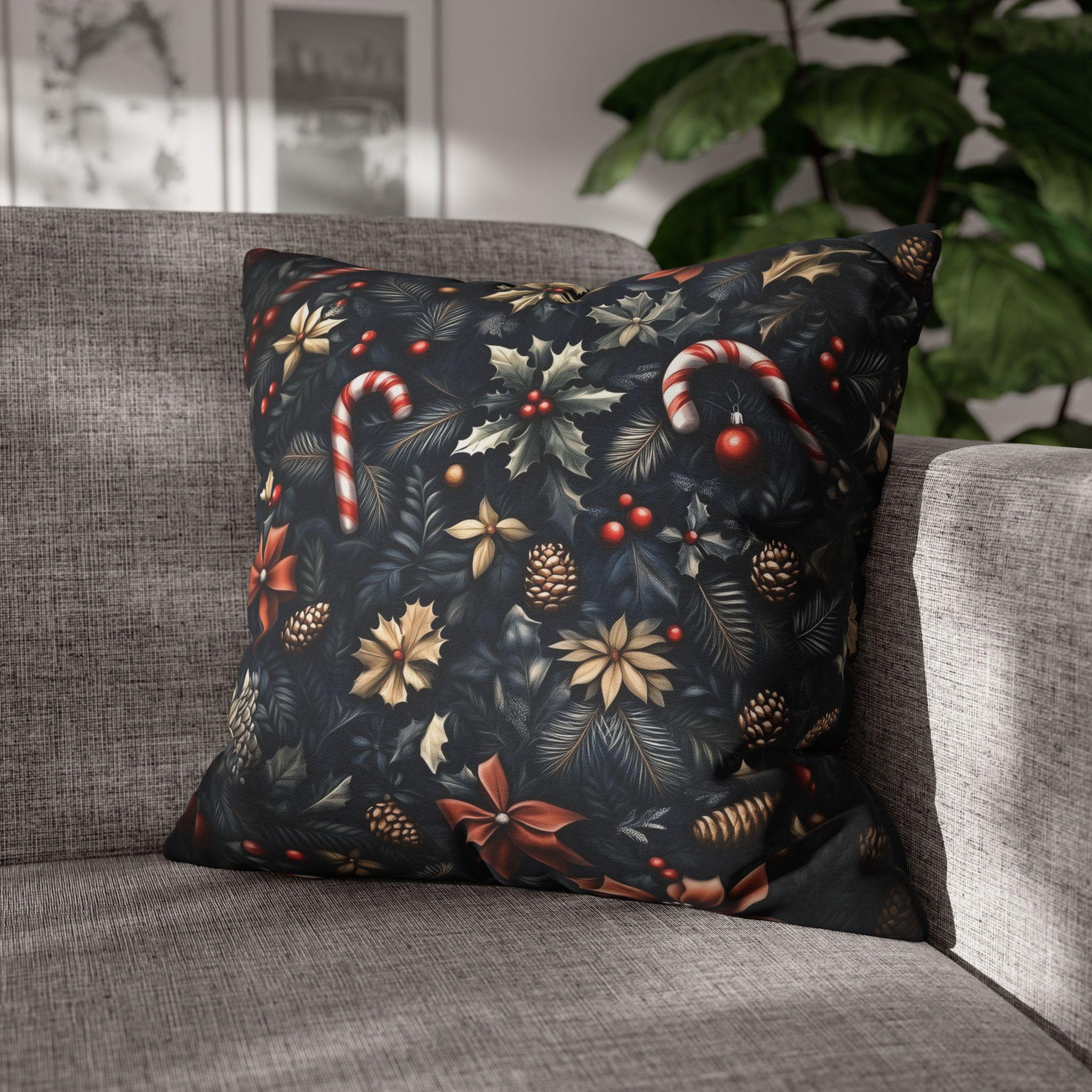 William Morris Christmas Pillow Cover: Navy, Gold & Cranberry with Holly, Candy Canes and Pinecones
