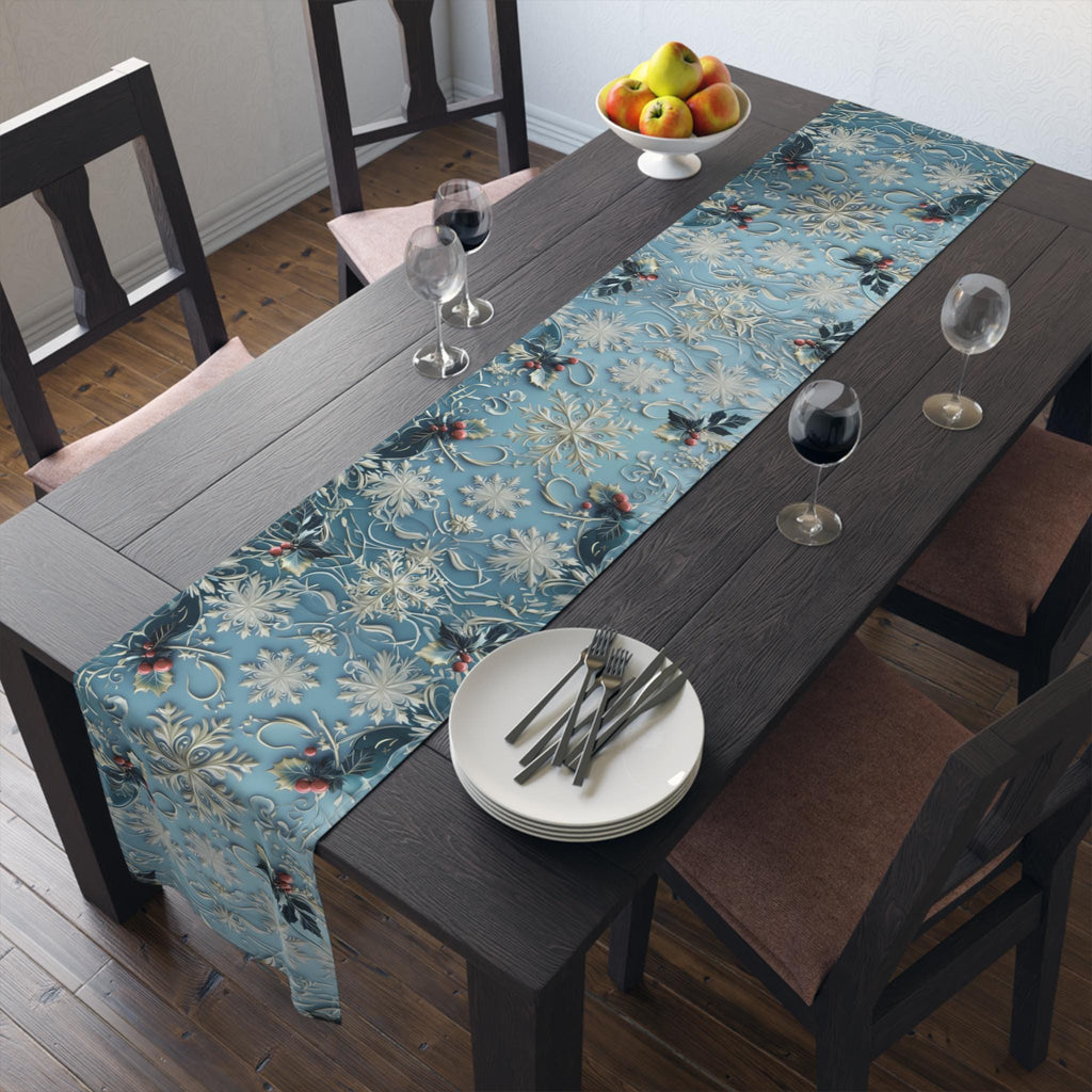 Elegant Blue Christmas Table Runner with Snowflakes, Holly Leaves, and Berries for Festive Dining